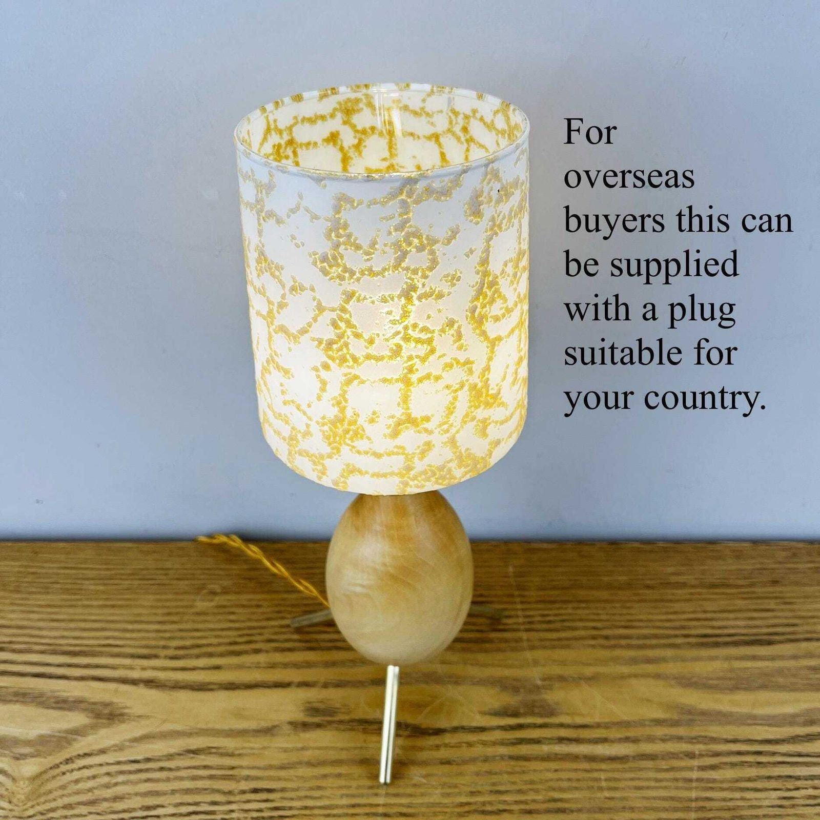 Vintage Atomic Wooden Tripod Lamp With White & Gold Glass Shade. photo 110.0