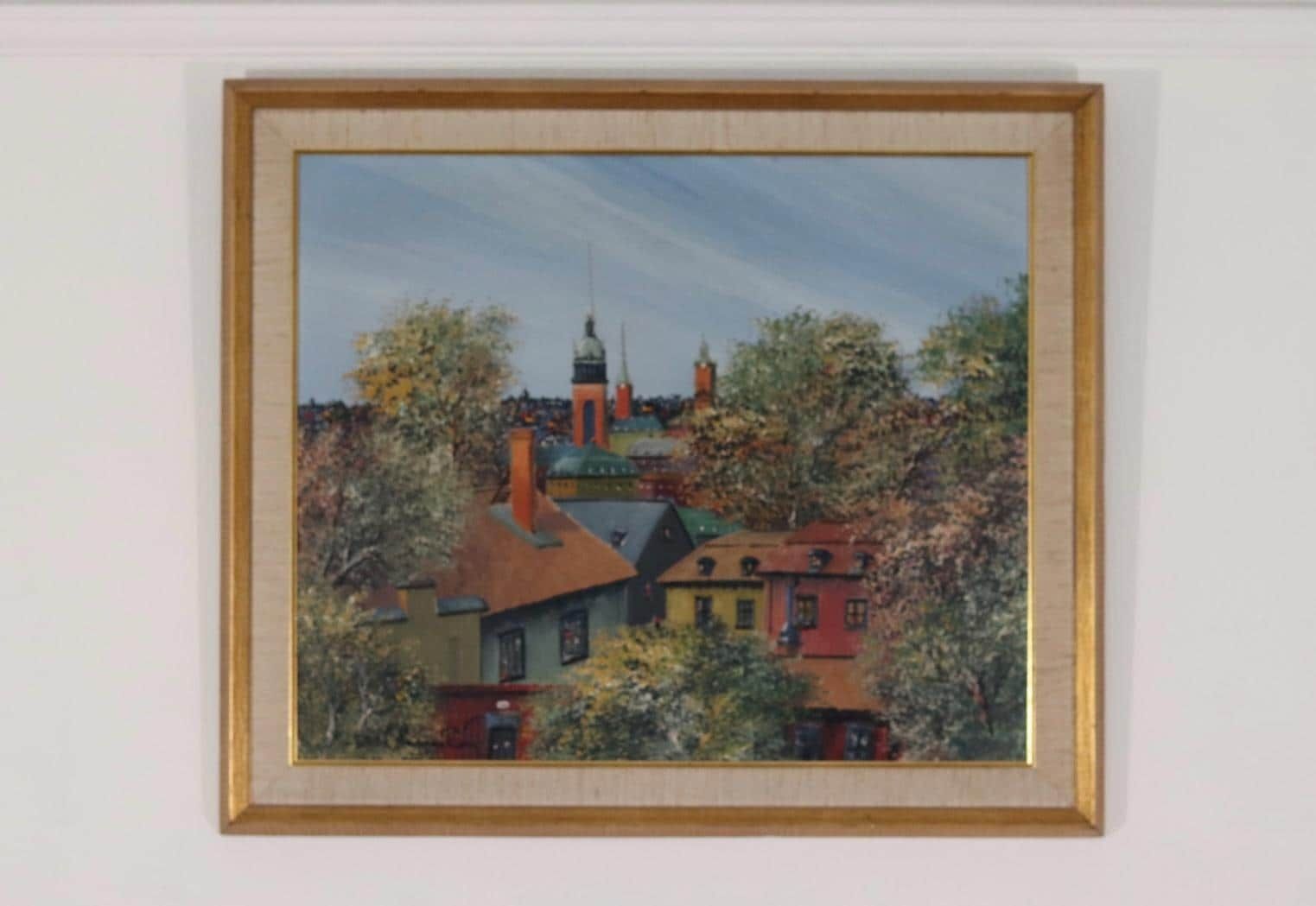 Original Mid Century Swedish Oil On Canvas – “Stockholm” By Eddie Hammerström – Vintage & Framed – 67 × 78 Cm (26.4" × 30.7") photo furniture