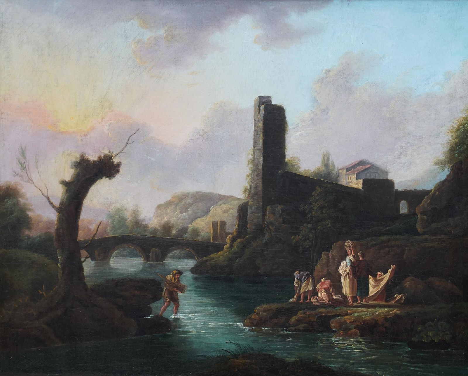 Figures In A River Landscape   British Old Master Figurative Art Oil Paintingcirca 1750 photo furniture
