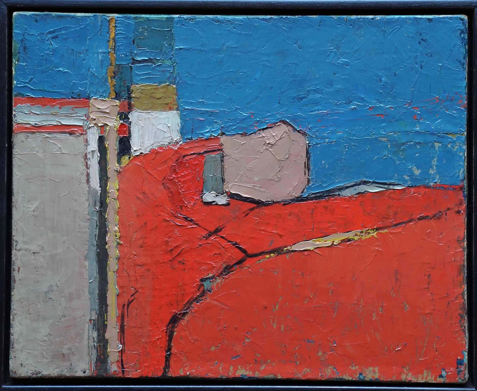 Peter L Fieldabstract Red On Blue Landscape   British Fifties Abstract Art Oil Paintingcirca 1955