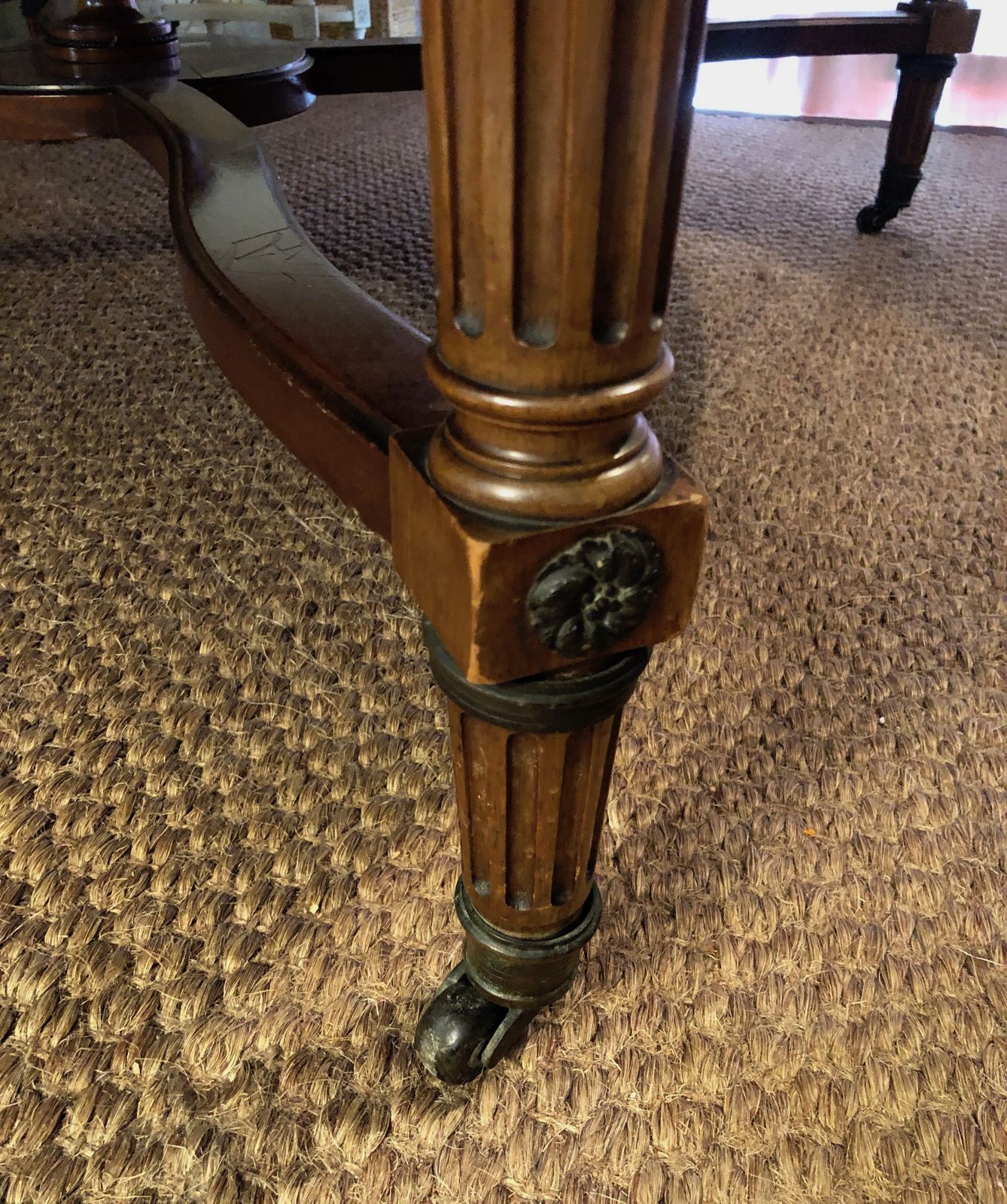 photo for sale Large Pedestal Table With Central Leg In Mahogany, Brass And Bronze And Which Can Form A Large Dining Room Table
