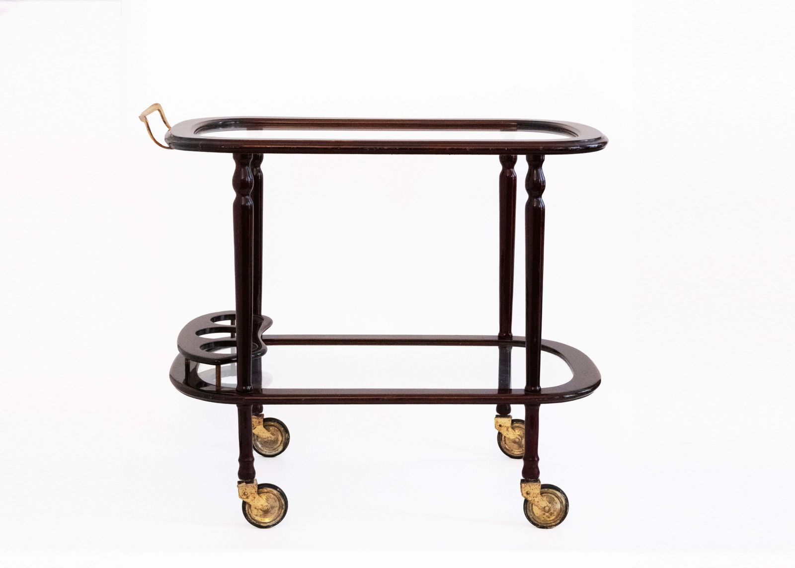 20th C. Two Tier Serving Cart In Varnished Wood & Glass With Brass Details, 1940 photo furniture
