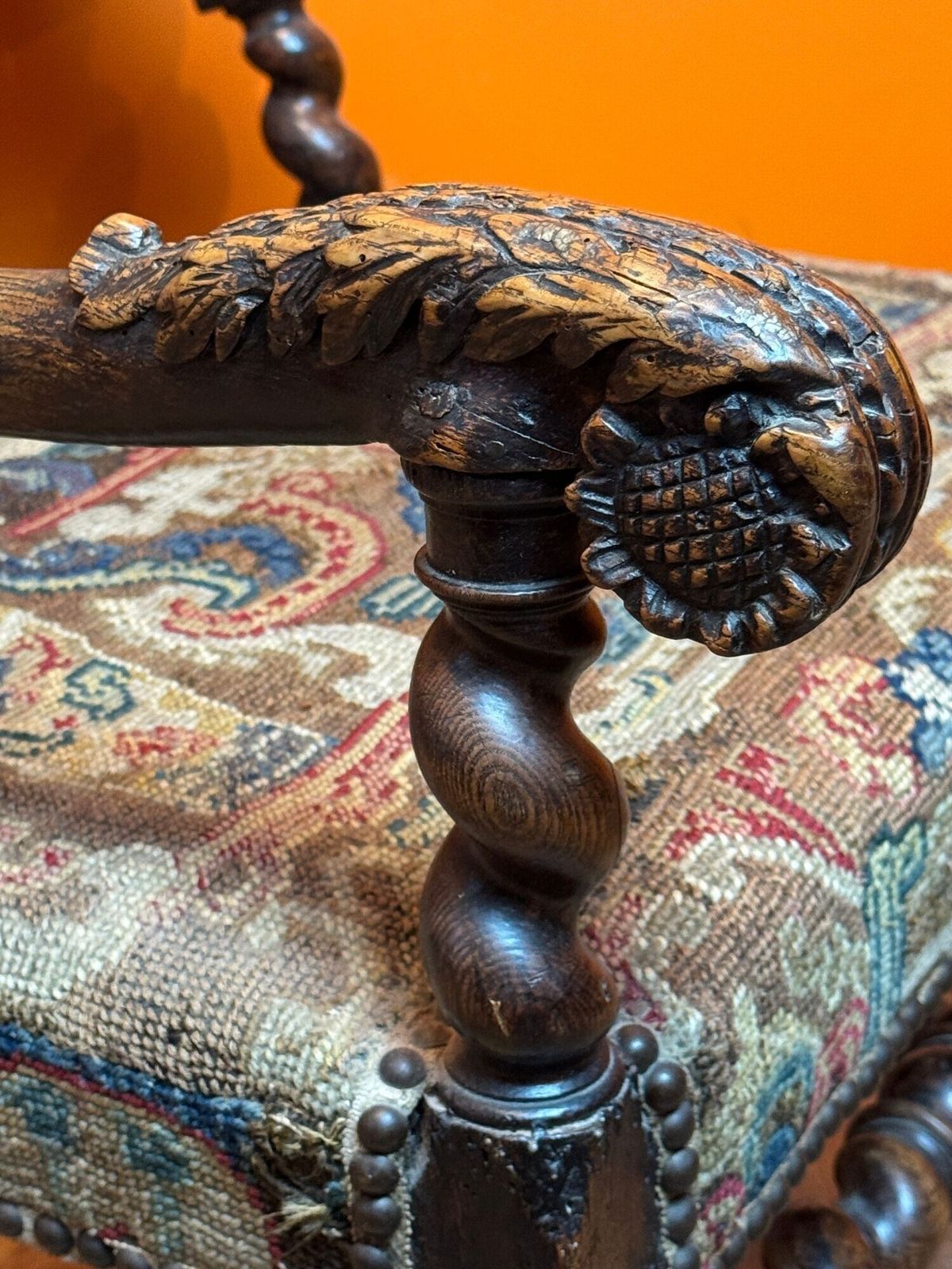 photo furniture French 17th Century Carved Oak Armchair With Upholstery