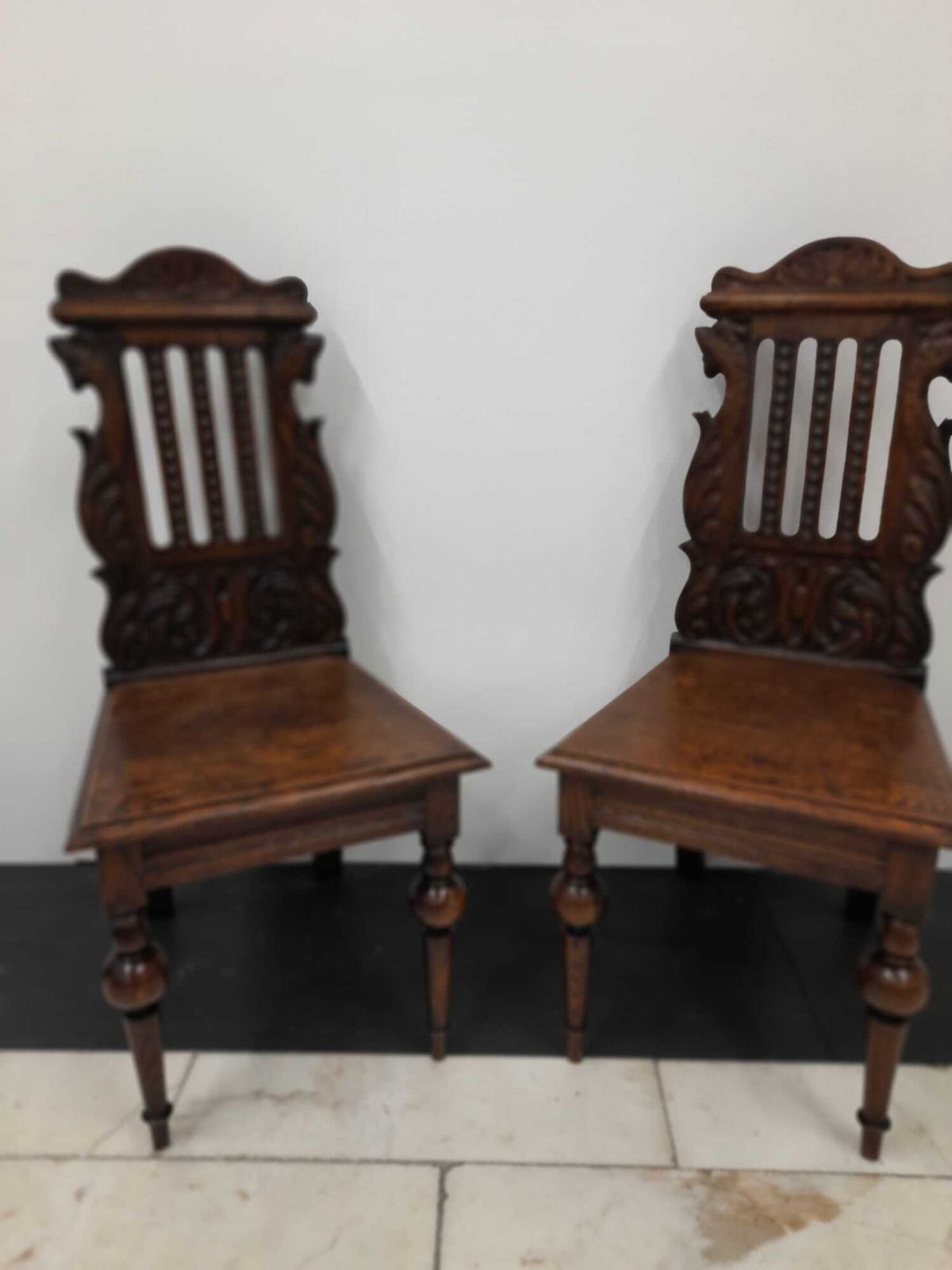 Chairs Antique Pair Of Oak Carved Hall Chairs photo furniture