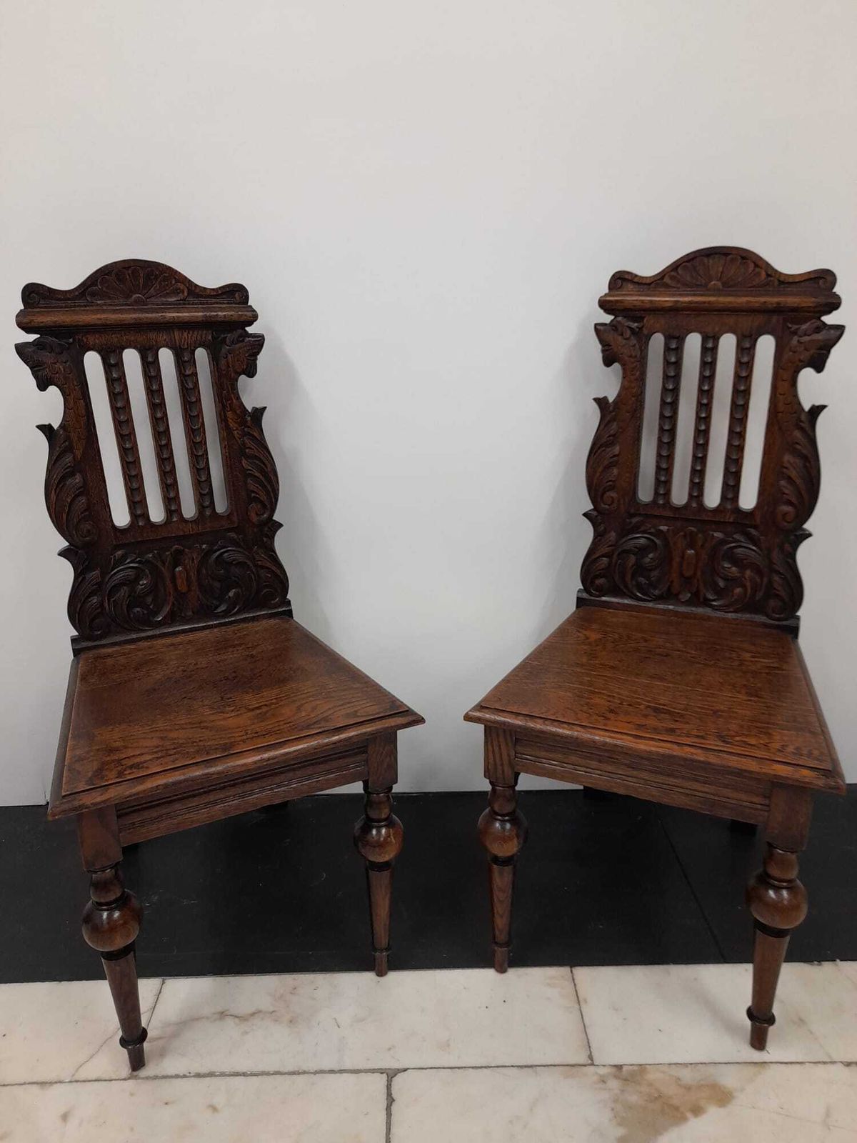Chairs Antique Pair Of Oak Carved Hall Chairs photo Furniture