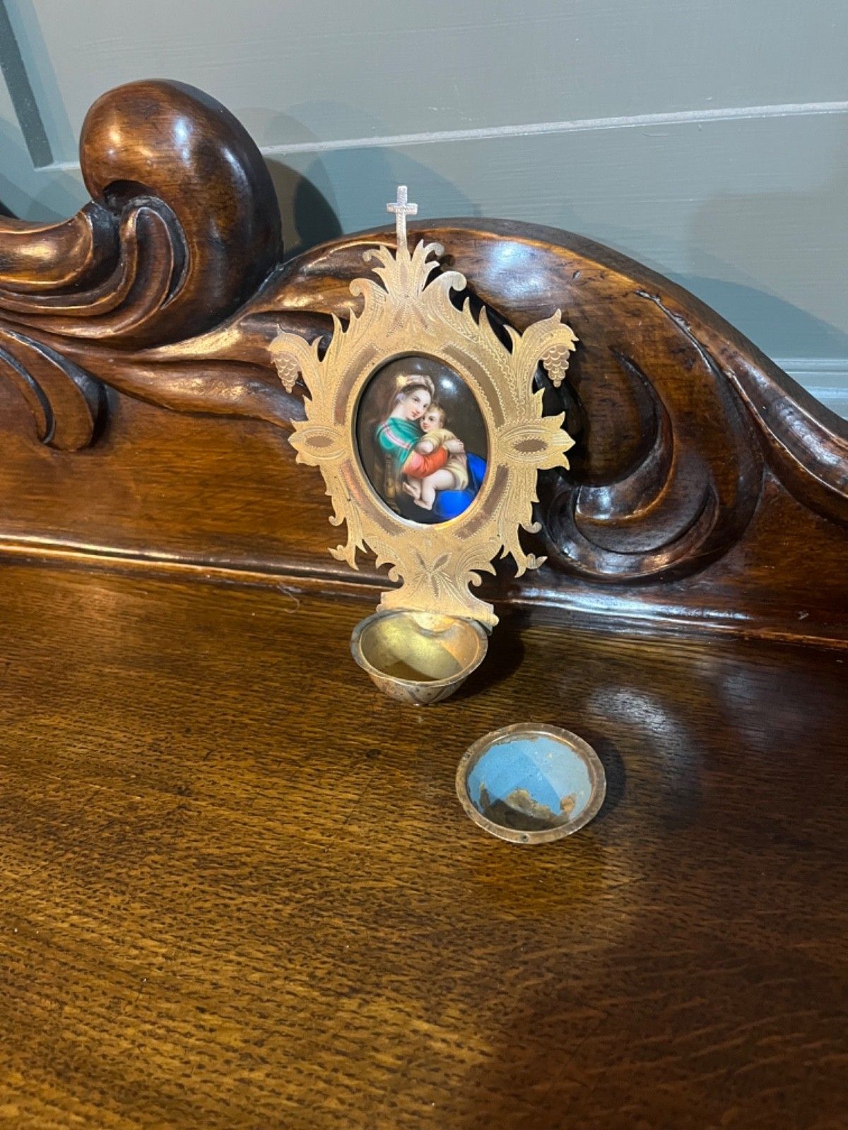 Antique Holy Water Font, Benitier,  Madonna & Child, French, Enamel On Porcelain photo furniture