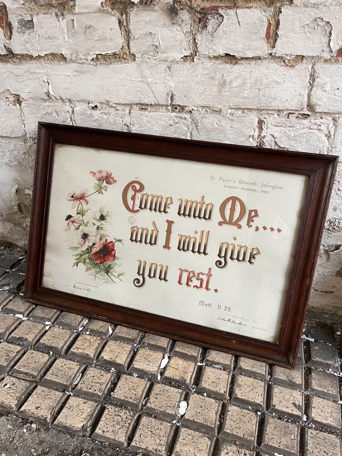 Antique Bible Verse Sunday School Religious Picture In Original Oak Frame