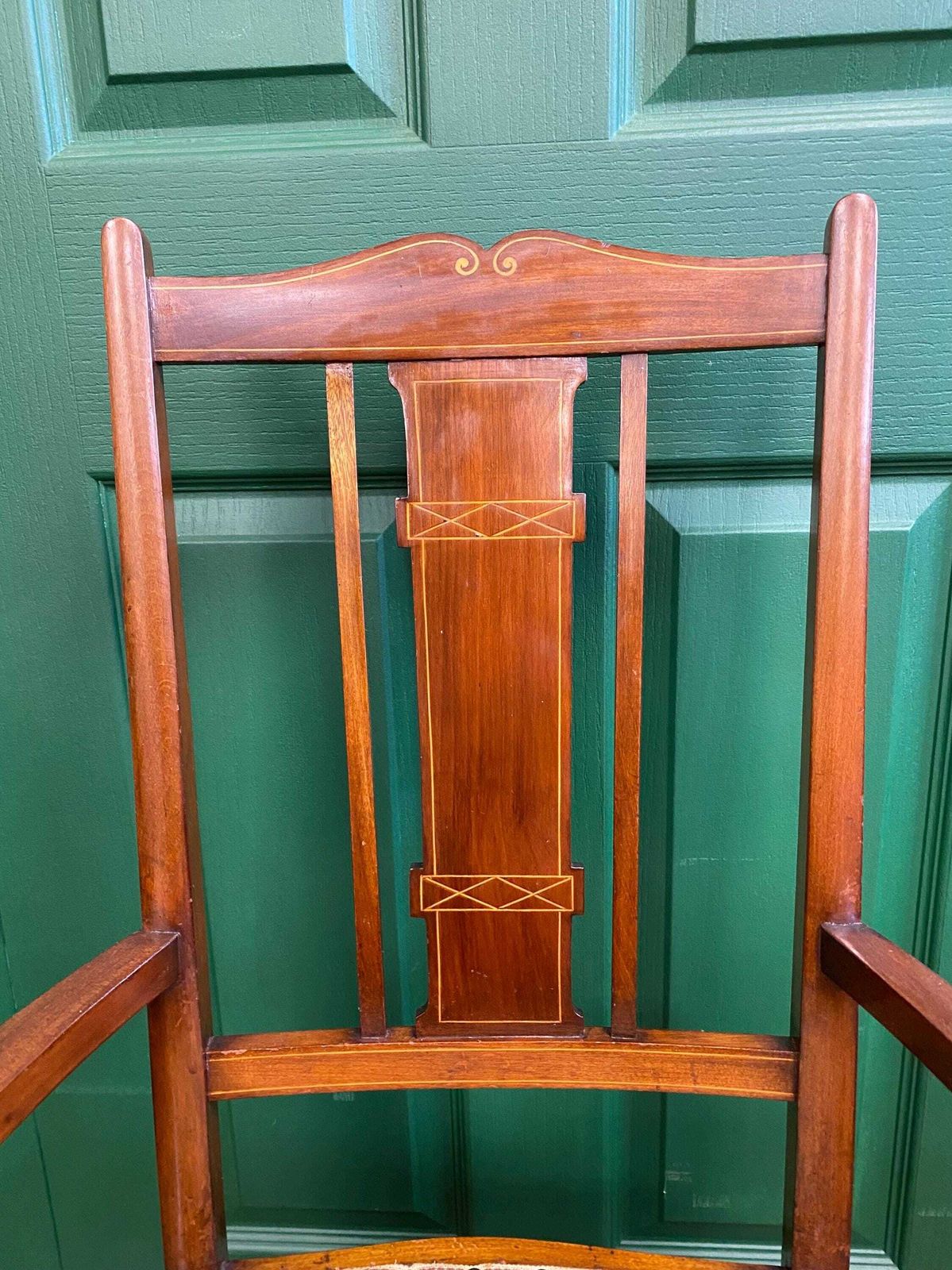 Antique Edwardian Inlaid Mahogany Carver Chair With Tapestry Style Seat photo vinterior