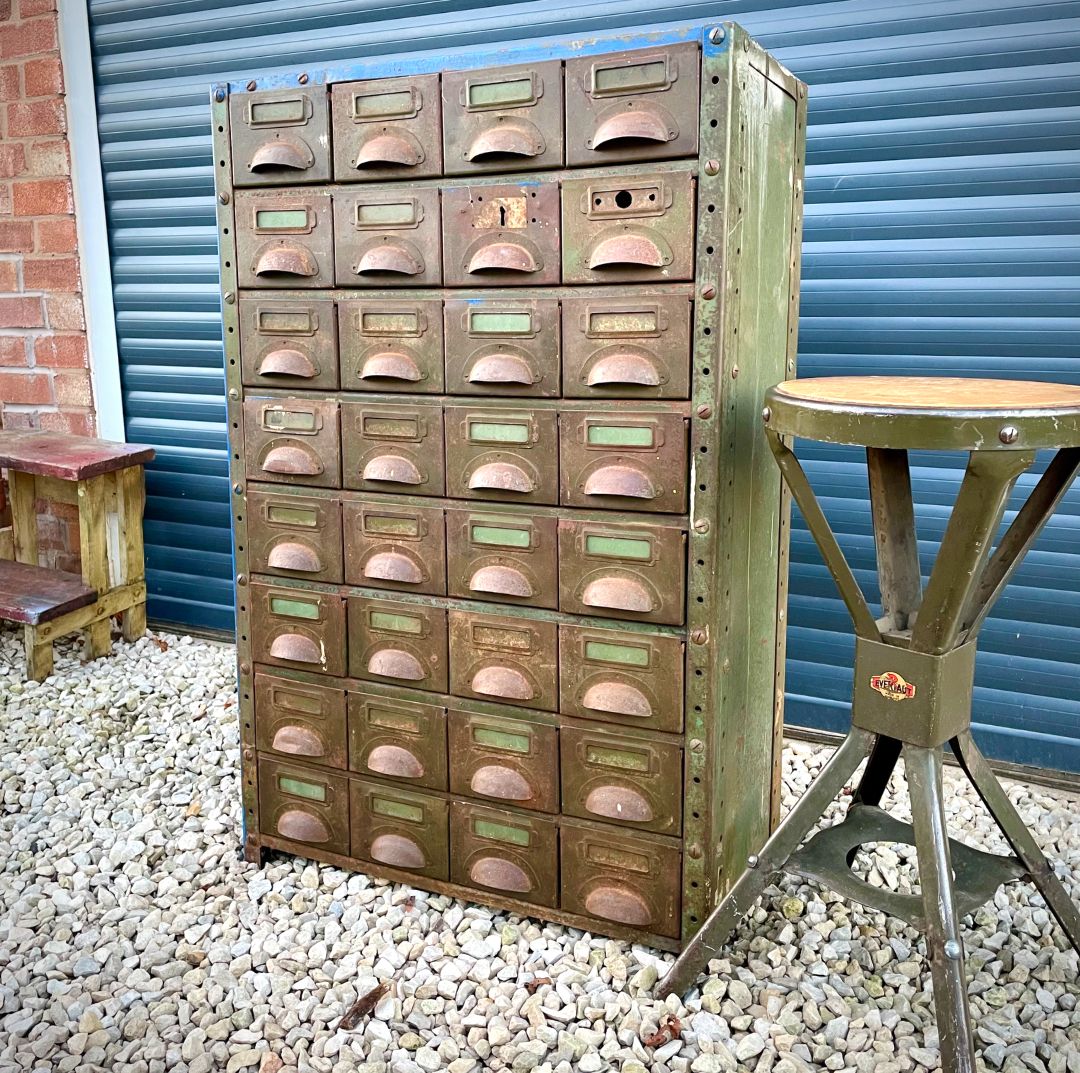 Bank Of Industrial Metal Drawers With Cup Handles