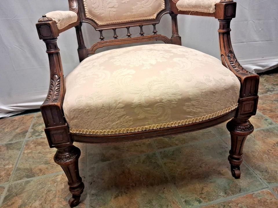 Antique 19th Century Upholstered Library Chair With Gorgeous Carvings photo for sale