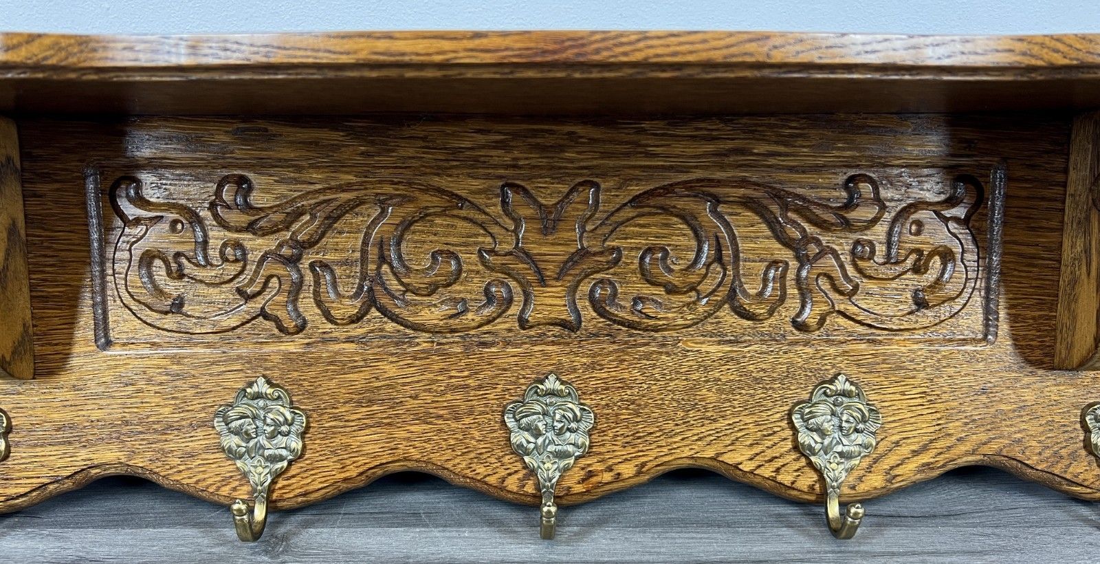 French Vintage Coat Rack Oak 5 Hooks Ornate Wall Shelf Carved Coat Lot 4443 photo for sale