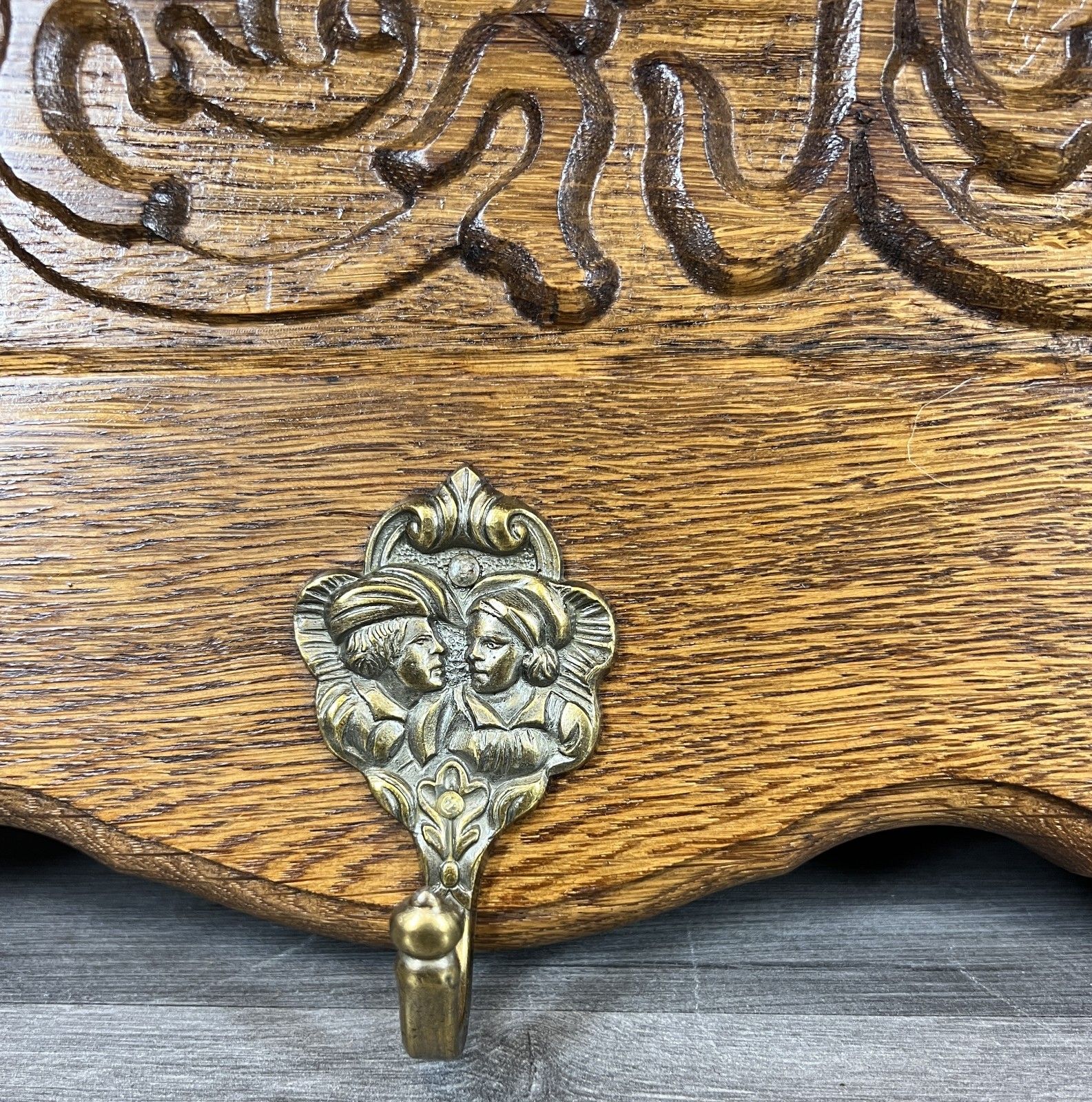 French Vintage Coat Rack Oak 5 Hooks Ornate Wall Shelf Carved Coat Lot 4443 photo 249.0