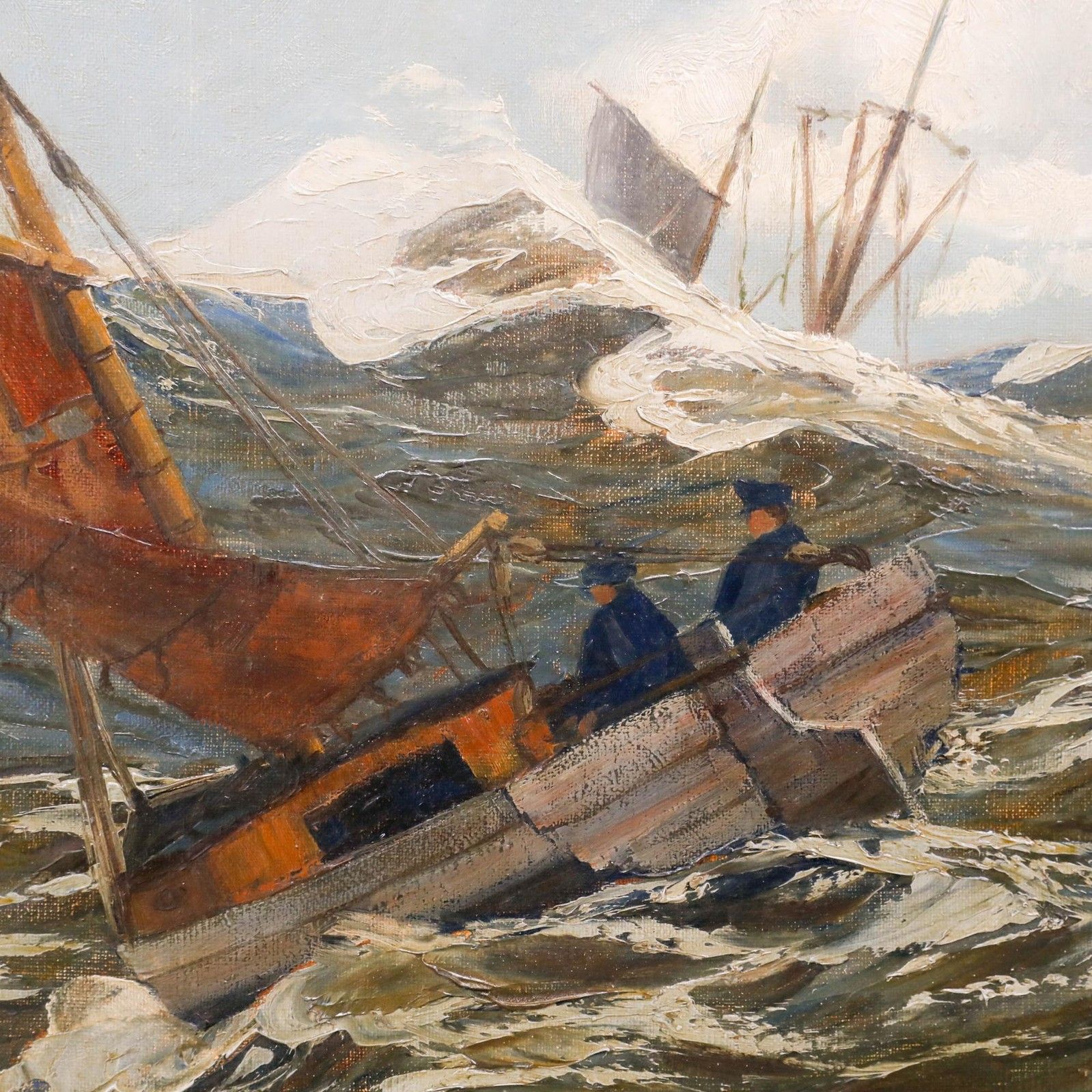F. Petersen Framed Mid 20th Century Oil, Fishing Boat In High Waves photo Art