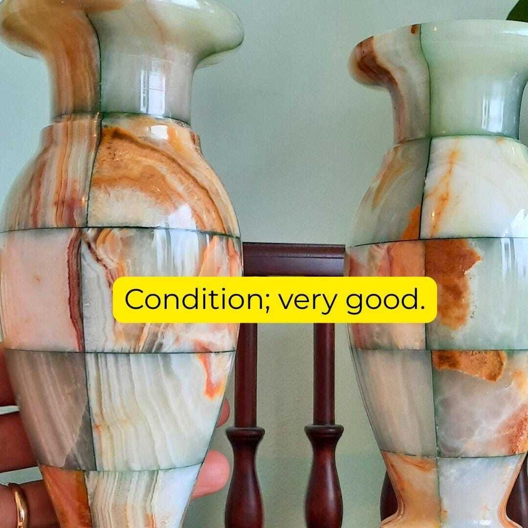 Vintage Green Onyx Checkboard Vases Pair Natural Stone Very Good Condition photo for sale