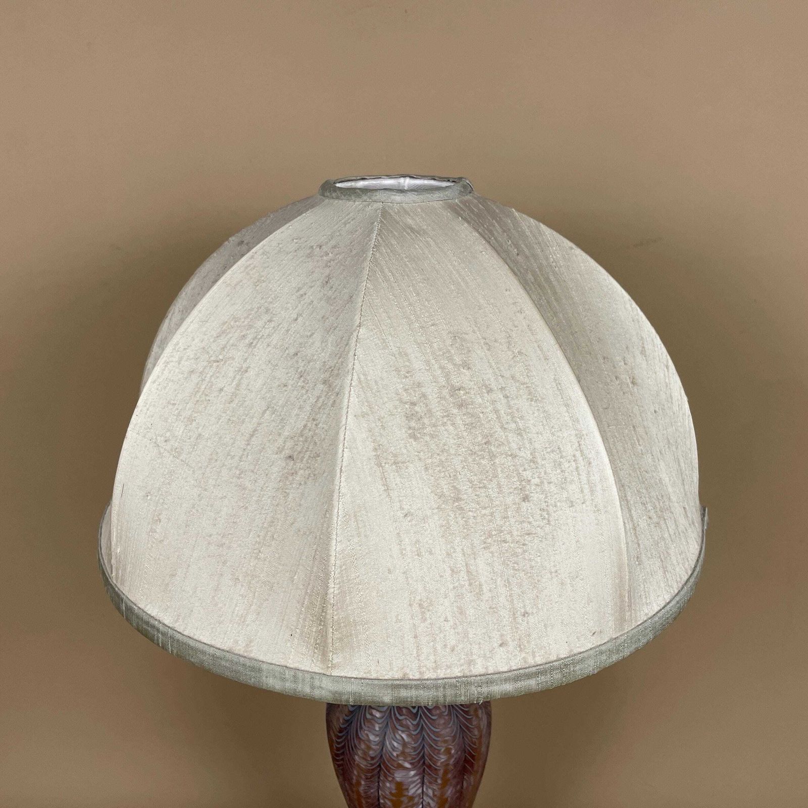 Patterned Glass Lamp Light Bedside Table Pattern Orange Silk Dome Lampshade Shade Vase Vintage Antique Wood Base Classic Accent photo vinterior