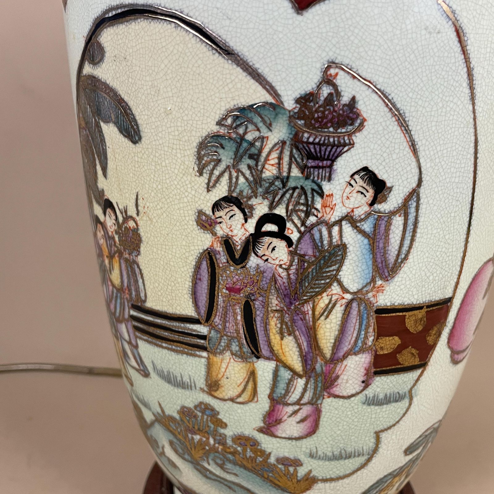 Large Oriental  Ceramic Lamp Light Bedside Table Hand Painted Fruit Design Pattern Wood Base Chinese Vase Antique Brass Vintage Ginger Jar photo for sale