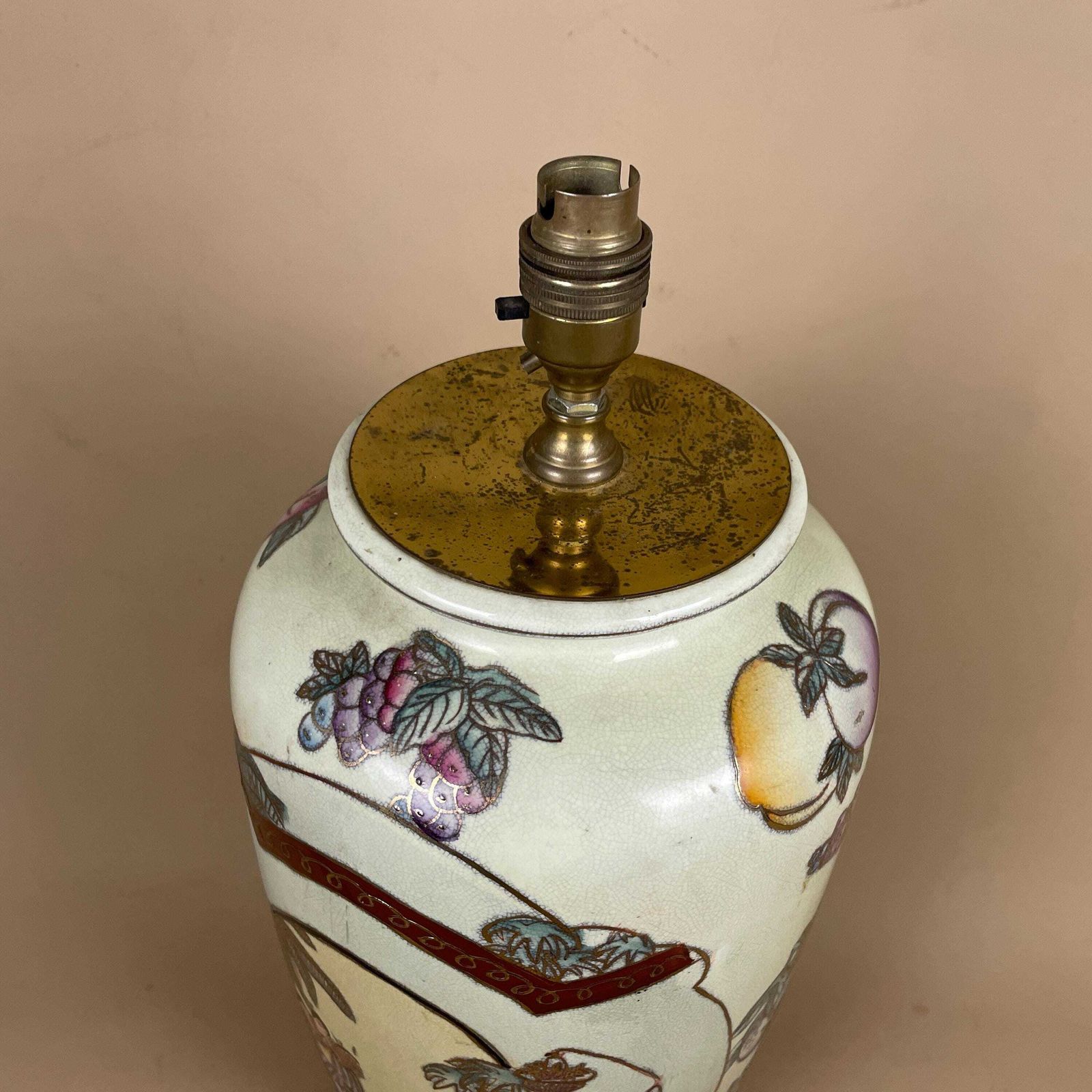 Lighting Large Oriental  Ceramic Lamp Light Bedside Table Hand Painted Fruit Design Pattern Wood Base Chinese Vase Antique Brass Vintage Ginger Jar photo