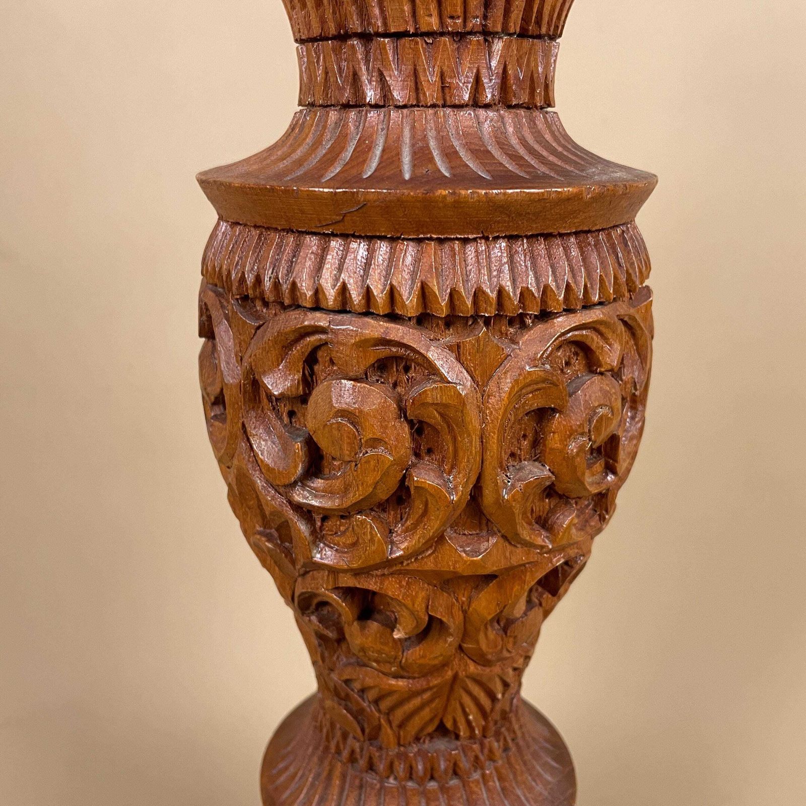 Indian Wooden Lamp Light Bedside Side Table Vintage Hand Carved Wood Asian Pattern Brown India Handmade Traditional Antique Classic photo buy