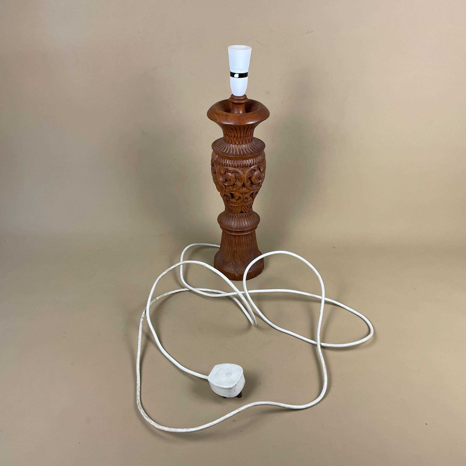 photo for sale Indian Wooden Lamp Light Bedside Side Table Vintage Hand Carved Wood Asian Pattern Brown India Handmade Traditional Antique Classic