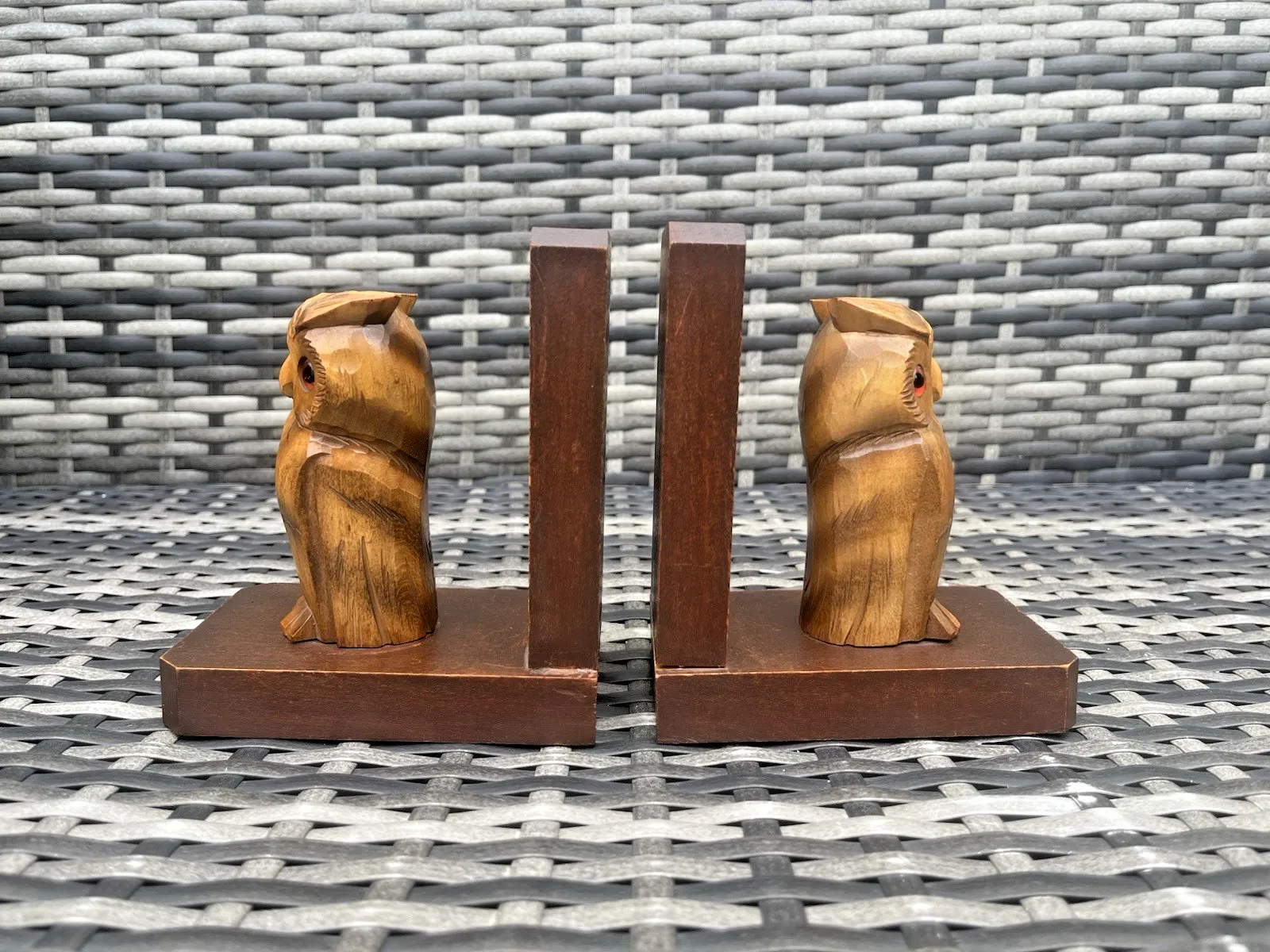 Pair Of Vintage 60's Art Deco Style Carved Wooden Owl Glass Eye Treen Bookends photo for sale