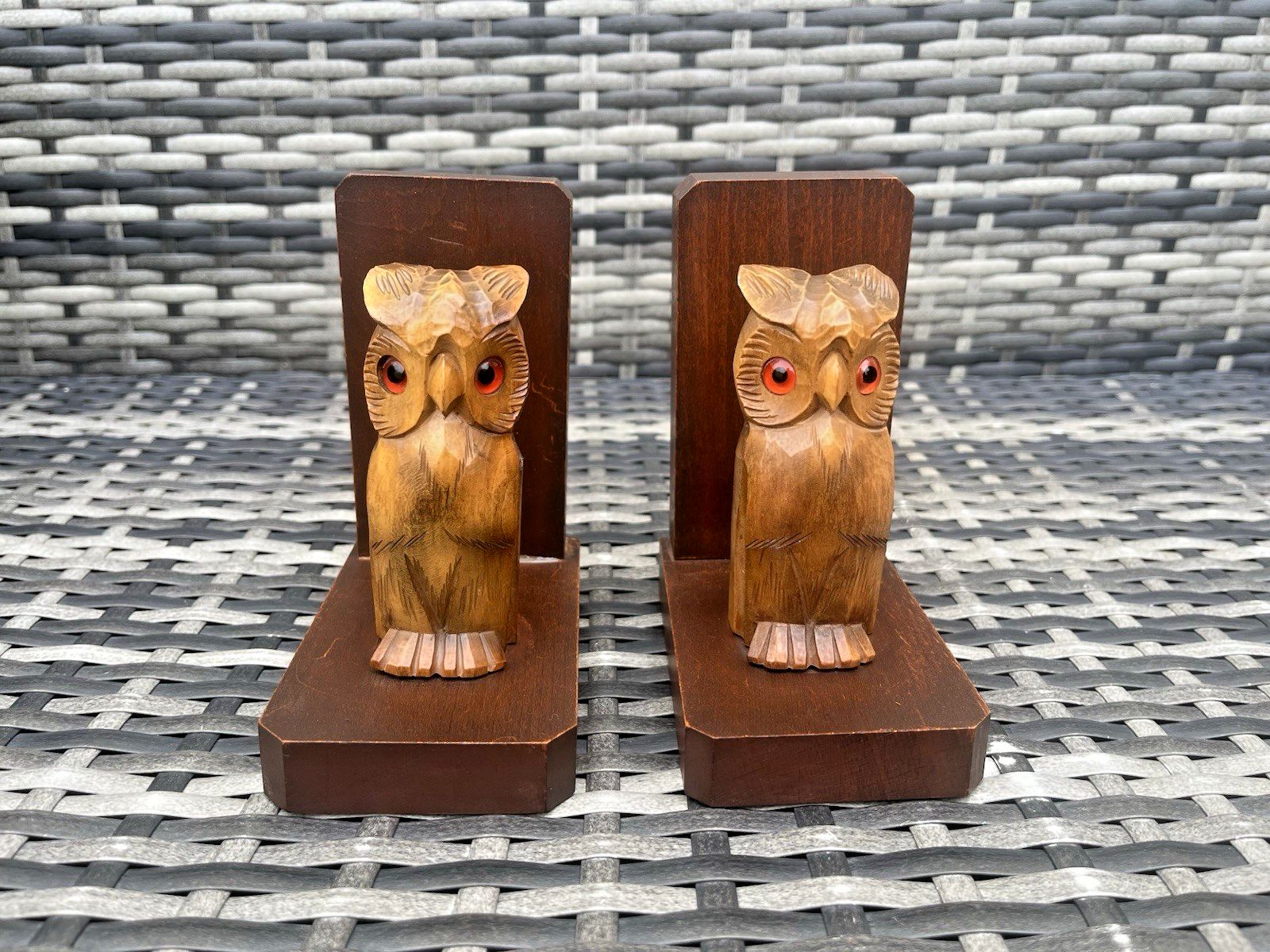 Pair Of Vintage 60's Art Deco Style Carved Wooden Owl Glass Eye Treen Bookends photo Home Decor