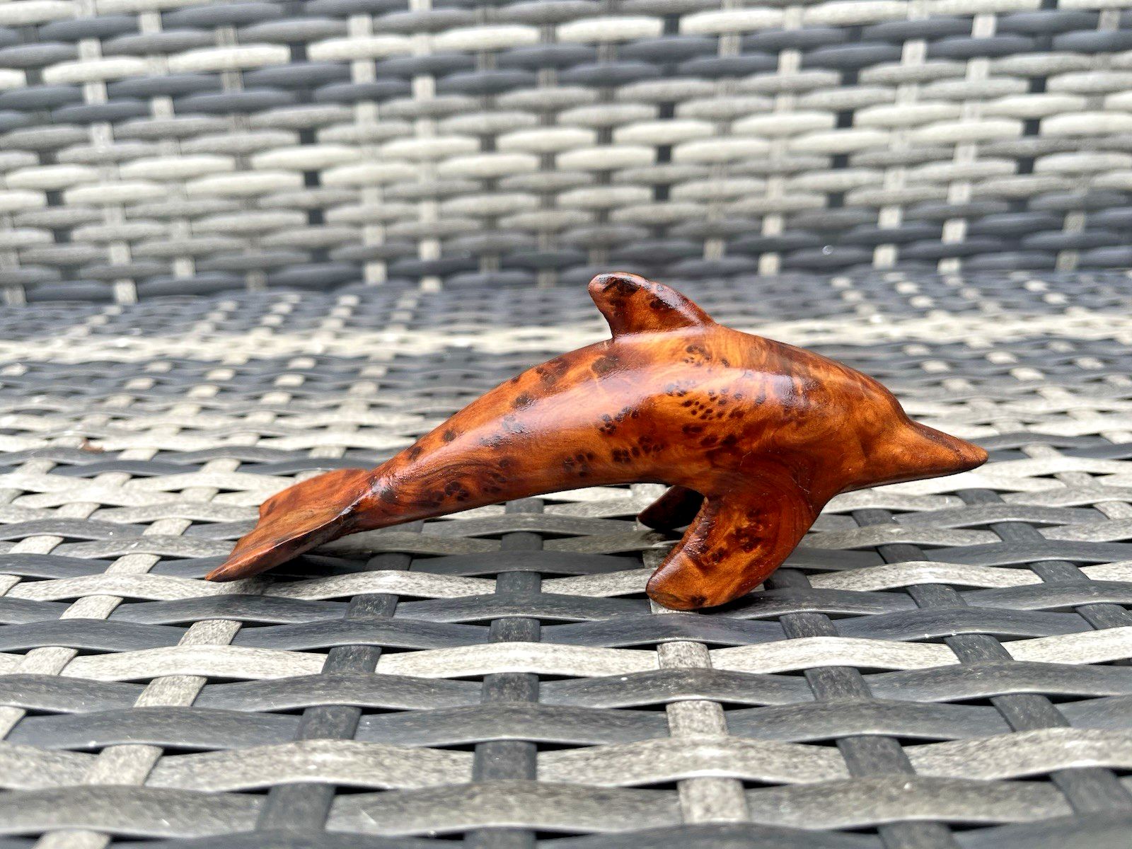 Vintage 80's Hand Carved Burr Walnut Dolphin Sculpture Treen Wooden Ornament photo vinterior