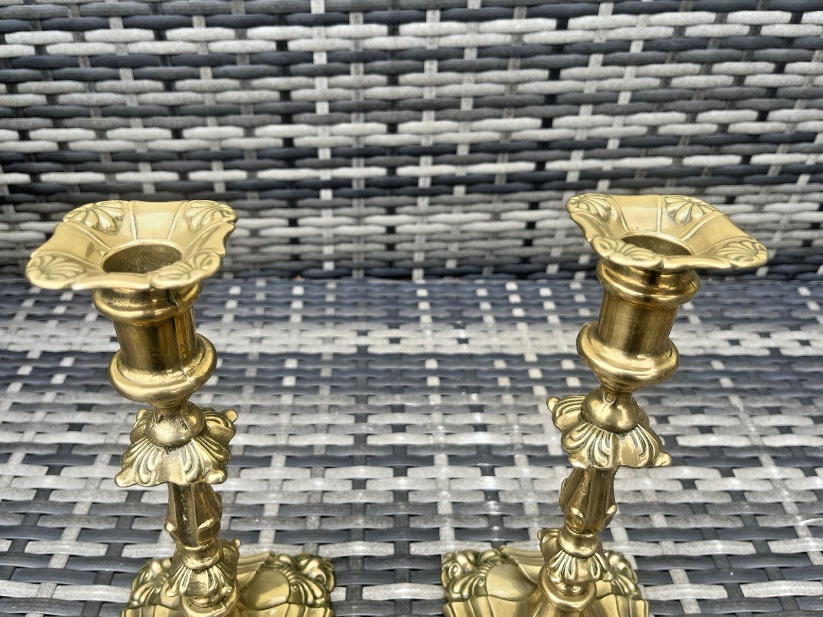 Pair Of 9" Antique French Louis XV Style Rococo Gilt Brass Ormolu Candlesticks photo vinterior