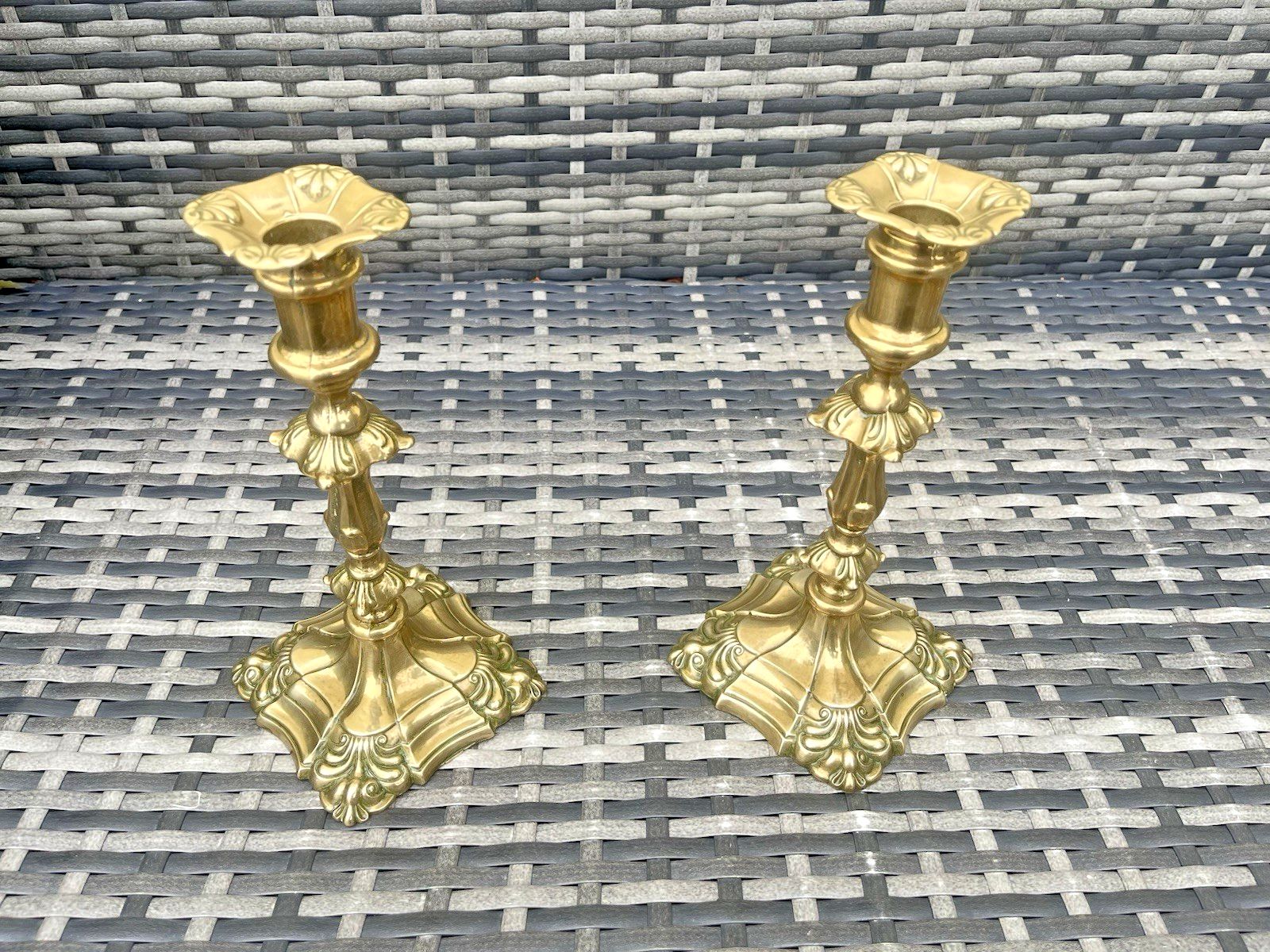 photo furniture Pair Of 9" Antique French Louis XV Style Rococo Gilt Brass Ormolu Candlesticks