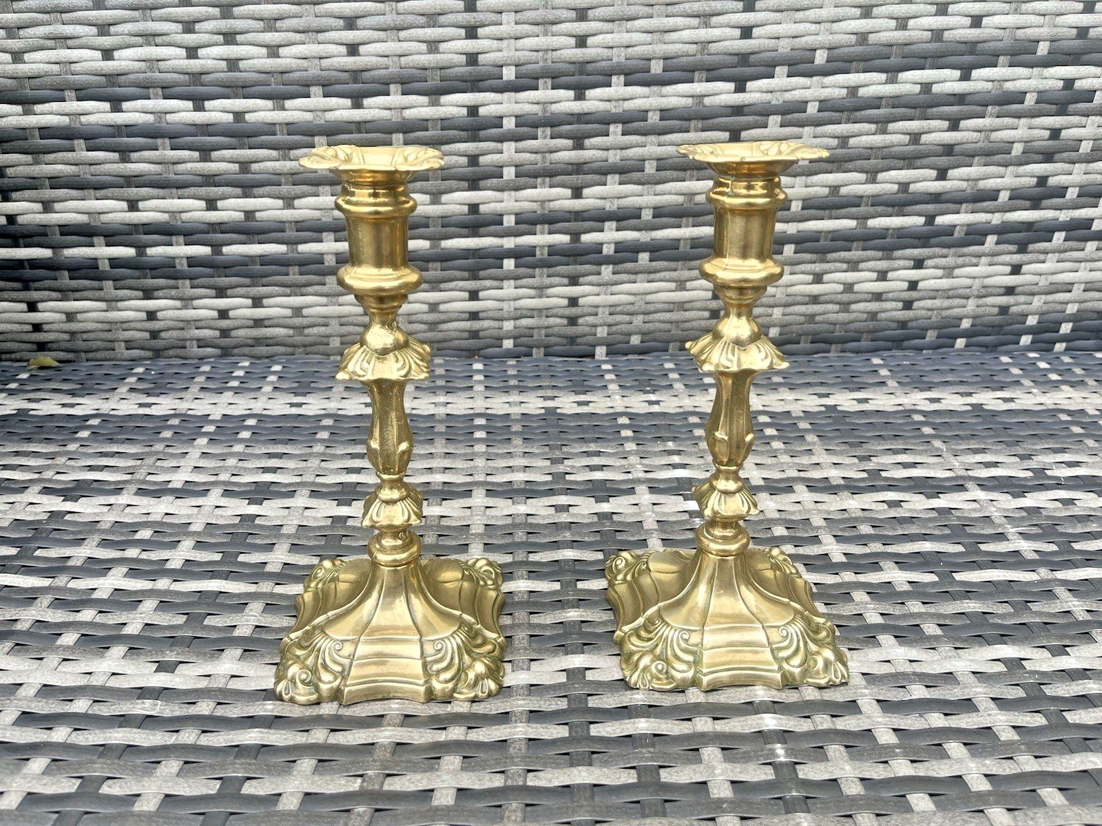 195.0 Pair Of 9" Antique French Louis XV Style Rococo Gilt Brass Ormolu Candlesticks photo