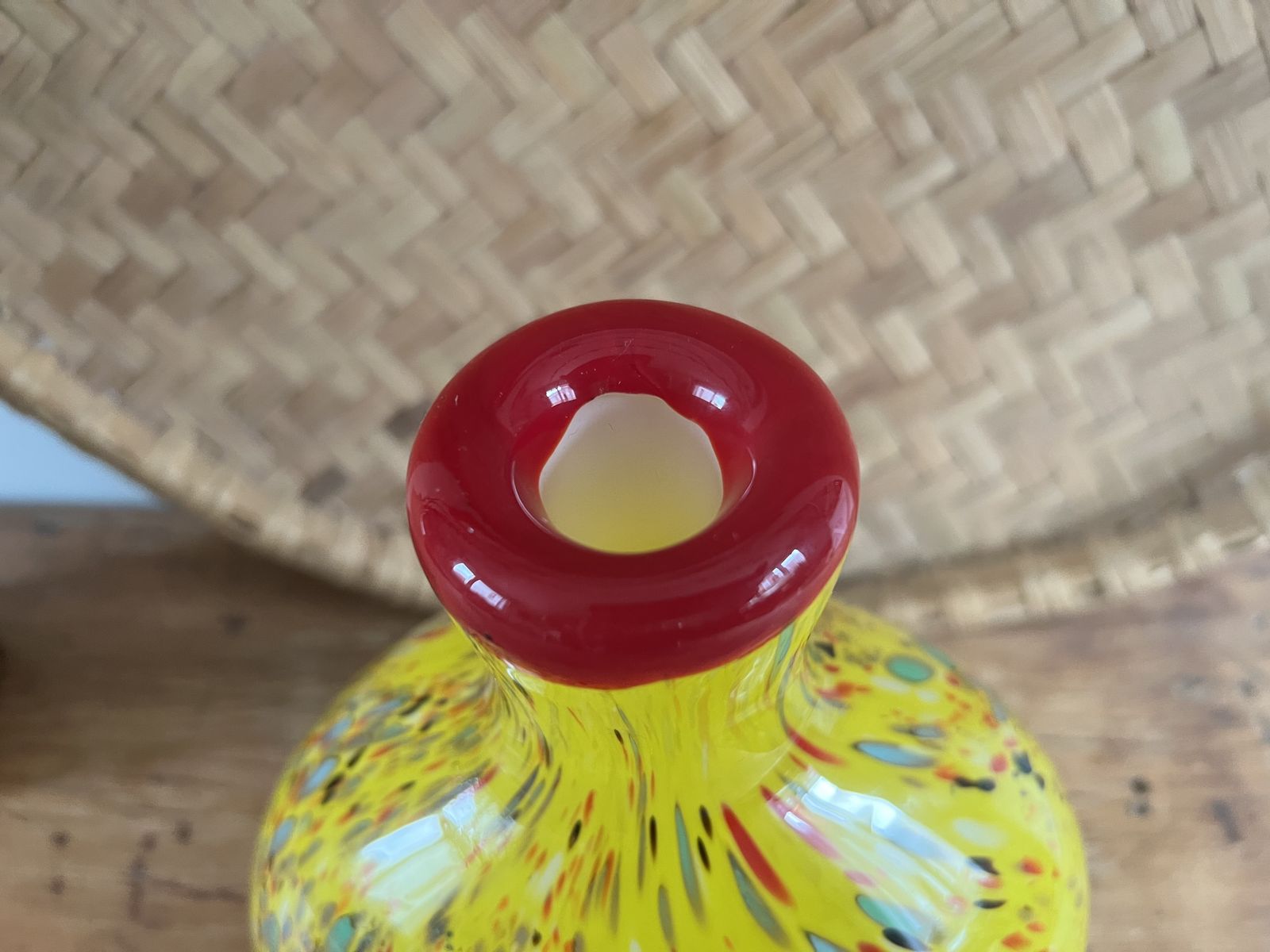 Mid Century Yellow Confetti Murano Style Vase With Red Flower Branch And Millefiori photo 140.0