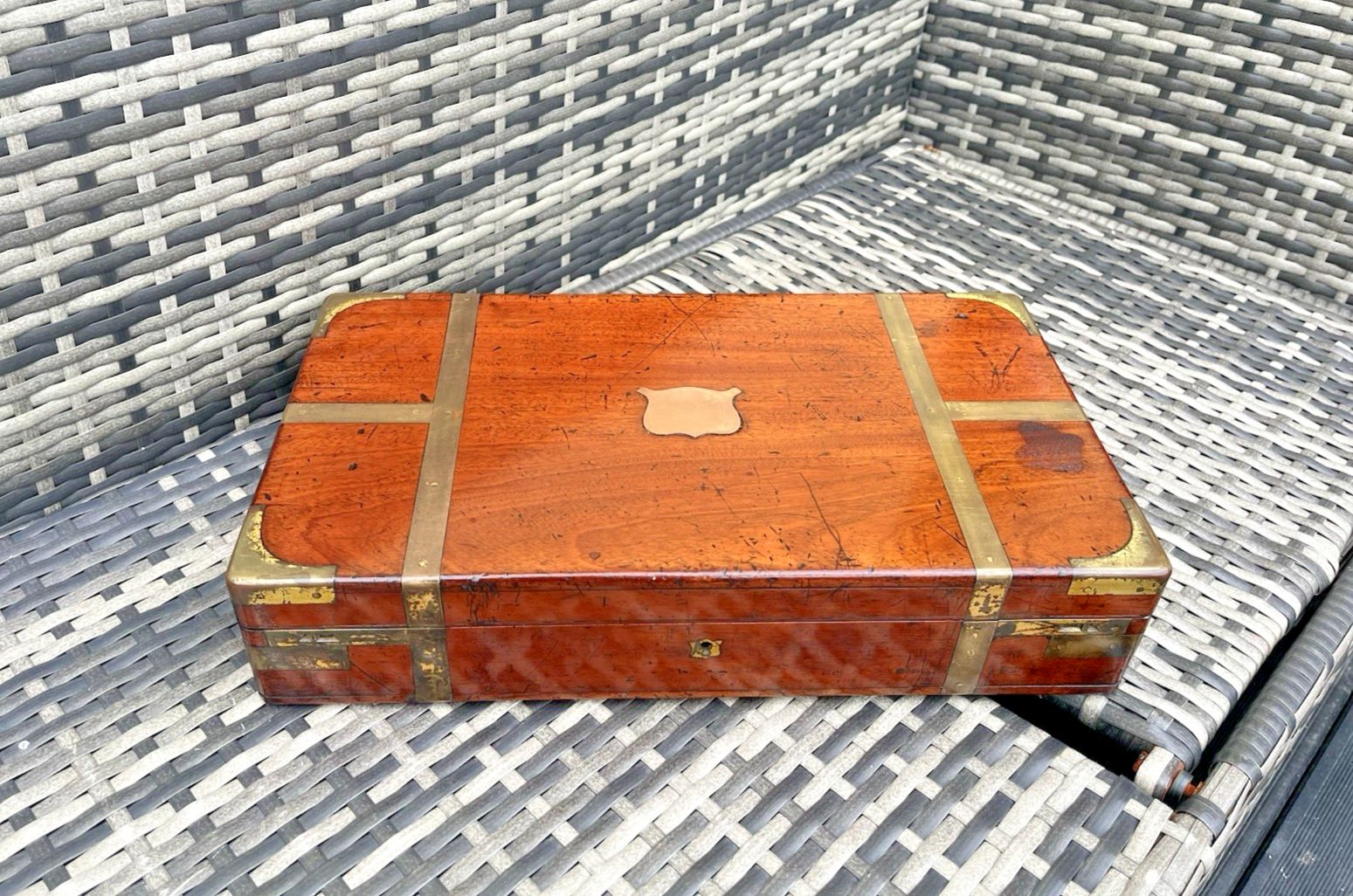 Large Antique Campaign Style Rosewood Brass Bound Coroners Wooden Tool Desk Box
