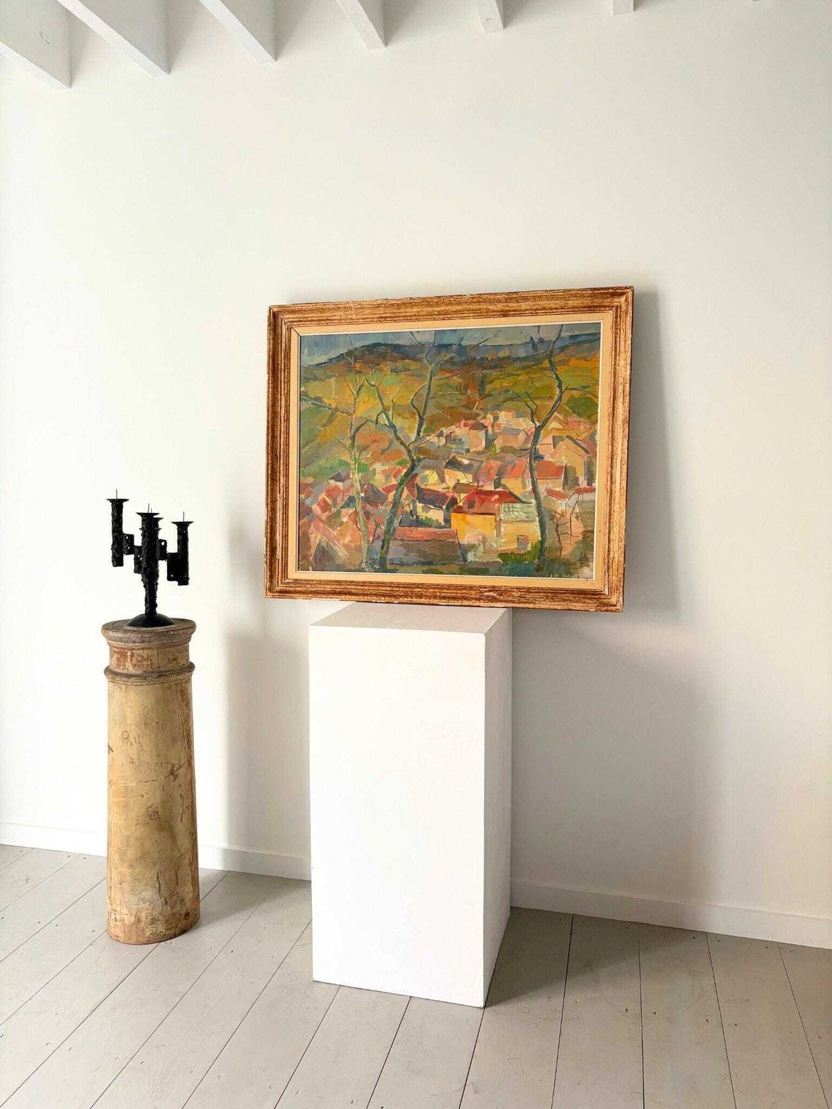 French School Mid Century Cubist Landscape Painting In Oil photo furniture