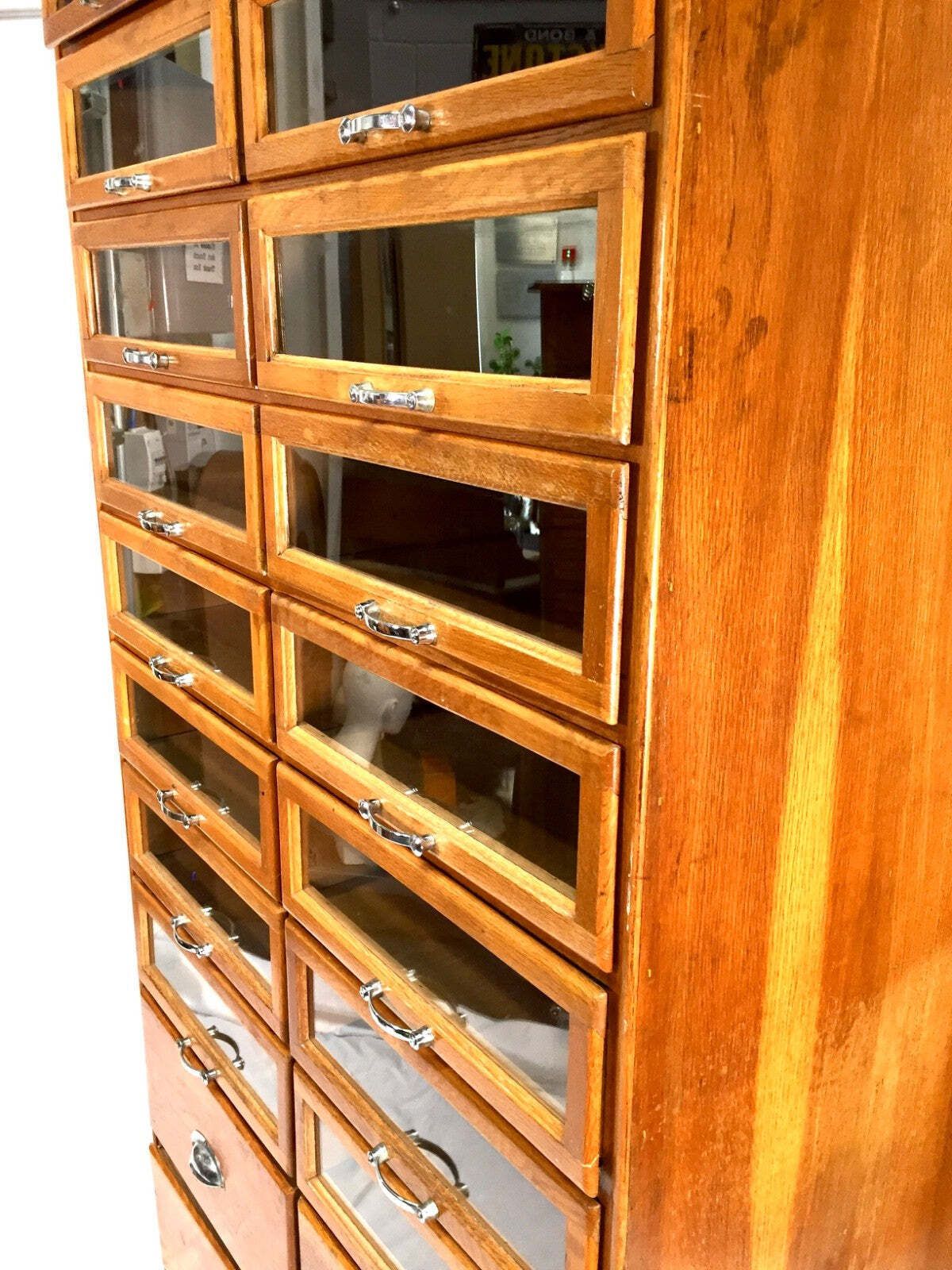 photo furniture Antique Haberdashery Shop Display Cabinet / Glazed Fronted Drawers / Large C1950