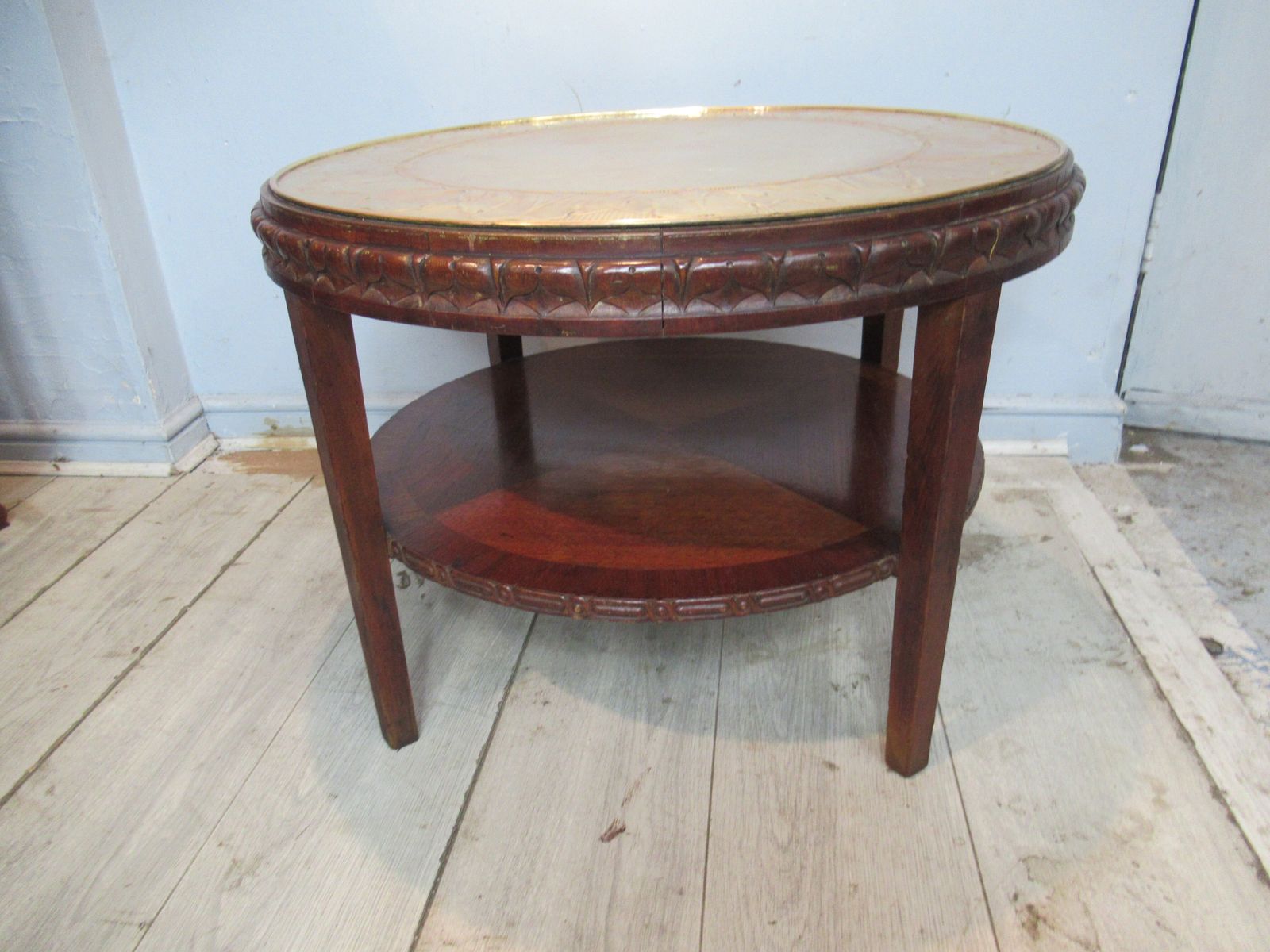 Round Mahogany And Brass Top Coffee Table photo for sale