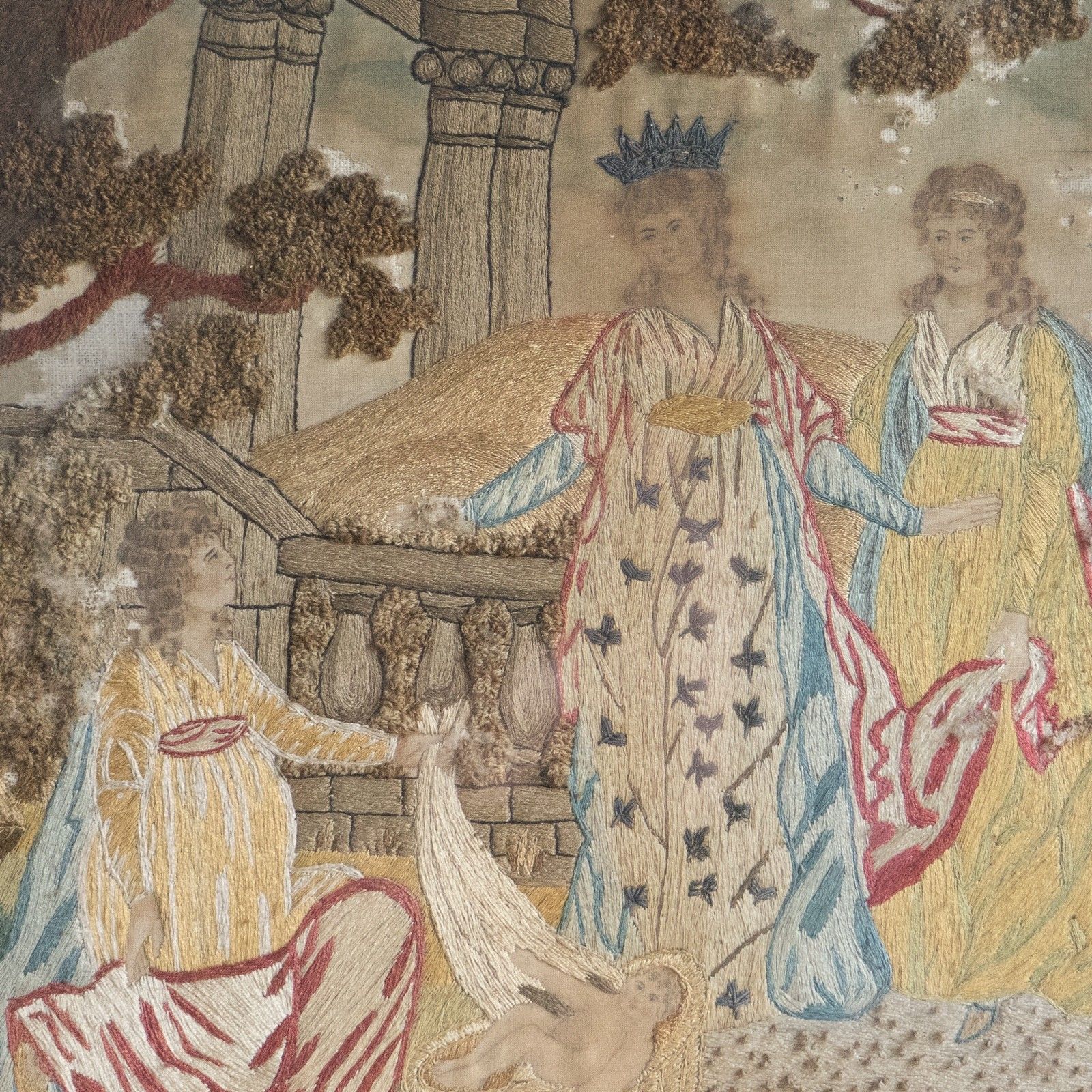 Antique Georgian Silkwork Embroidery, Moses In The Bullrushes, Verre Eglomise photo buy