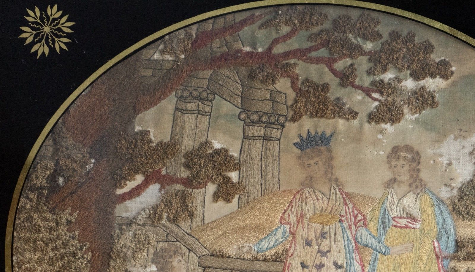 Antique Georgian Silkwork Embroidery, Moses In The Bullrushes, Verre Eglomise photo vintage