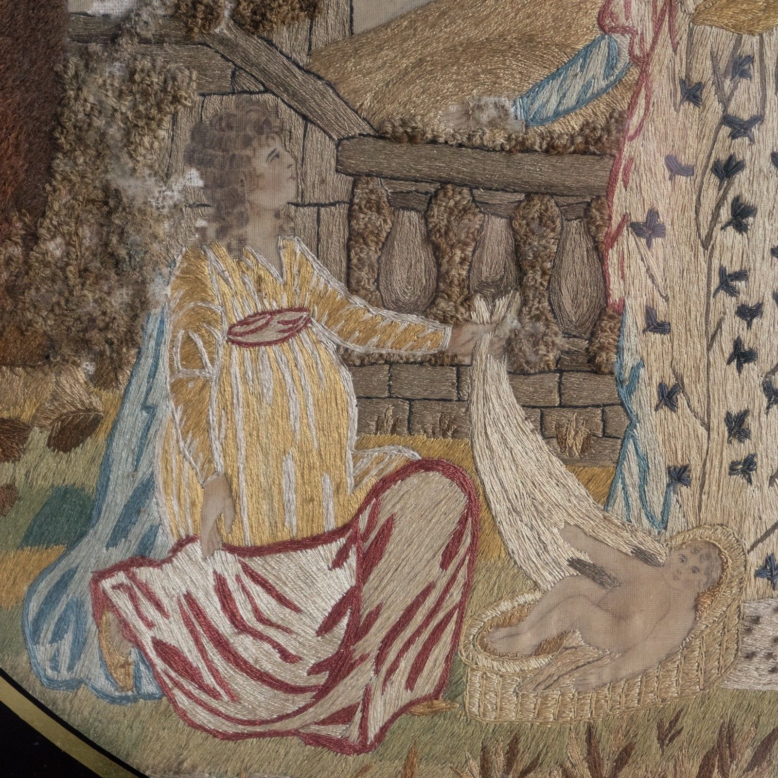 photo for sale Antique Georgian Silkwork Embroidery, Moses In The Bullrushes, Verre Eglomise