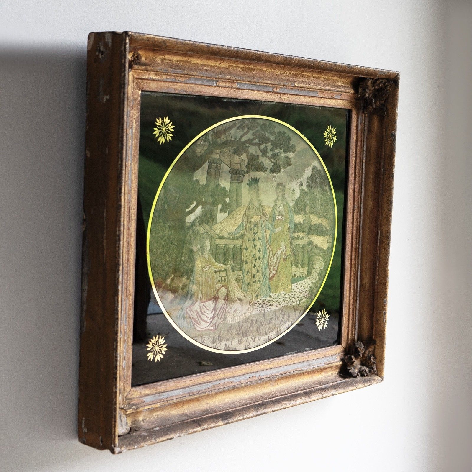 photo vinterior Antique Georgian Silkwork Embroidery, Moses In The Bullrushes, Verre Eglomise