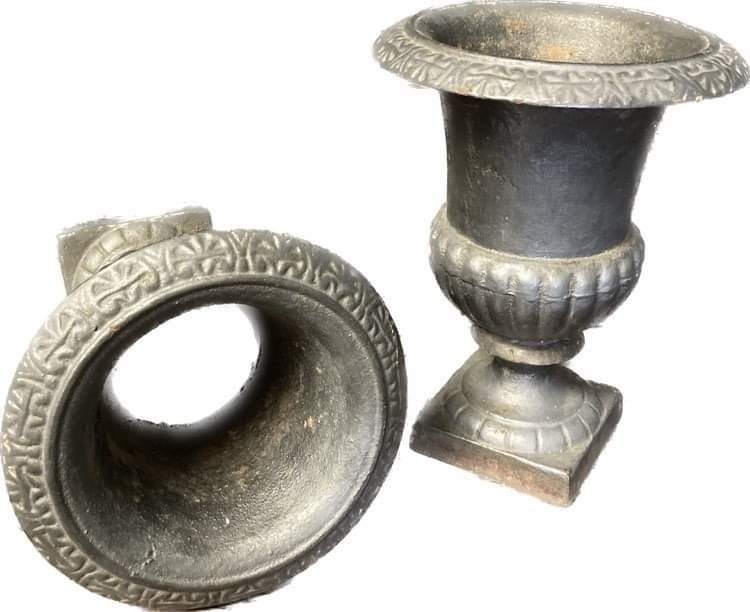 20thc Pair Of Nice Quality Cast Iron Campana Urns photo vintage