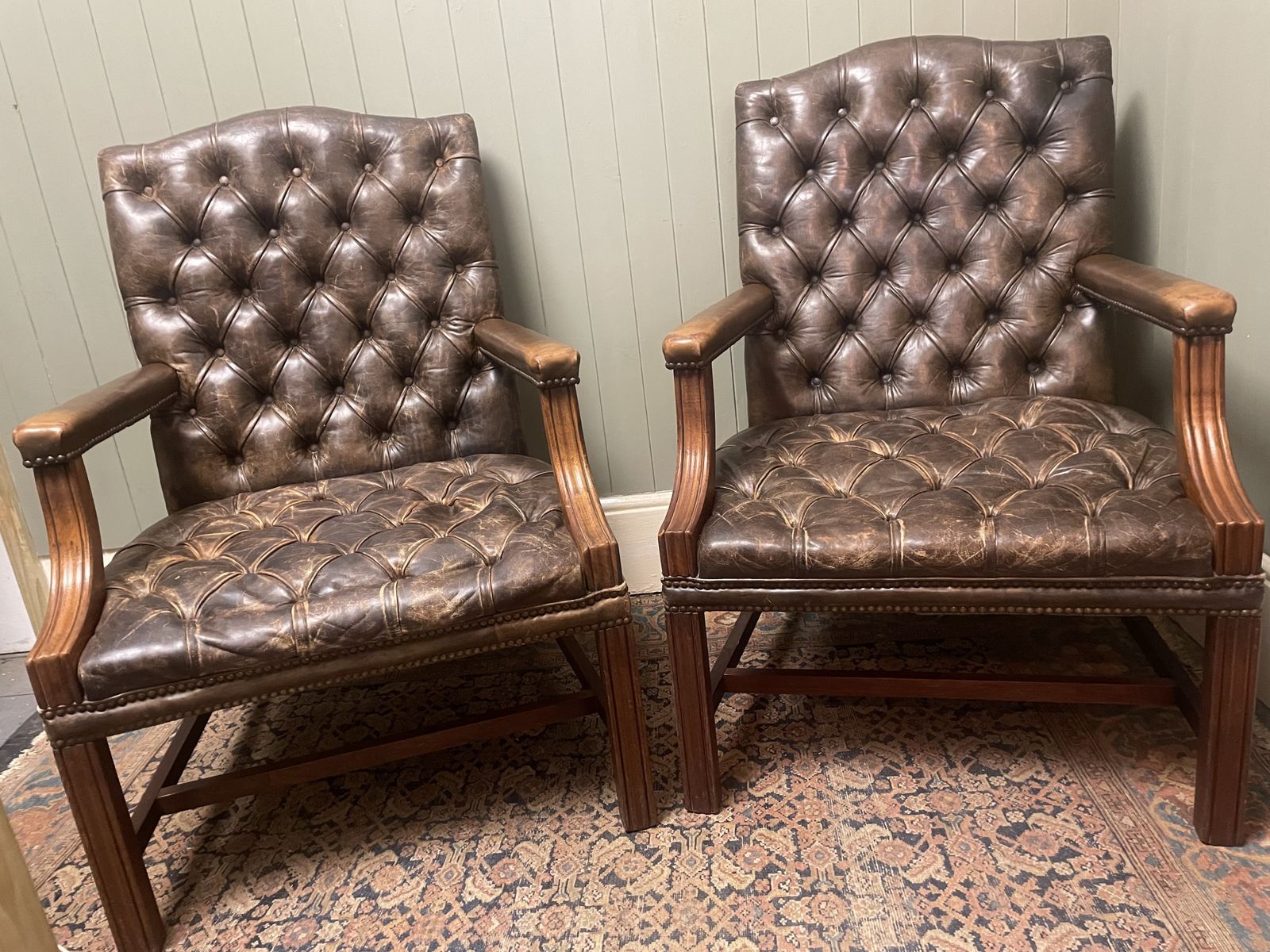 photo furniture Vintage Pair Of Handmade English Leather Chesterfield Gainsborough Armchairs