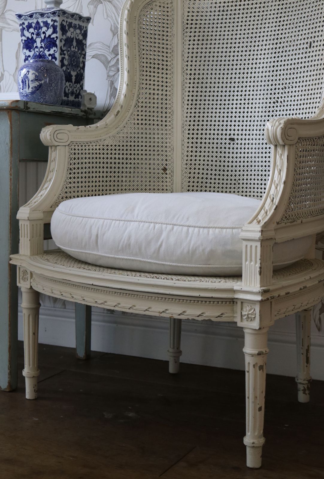 photo furniture Vintage French White Rattan Bergere High Back Armchair