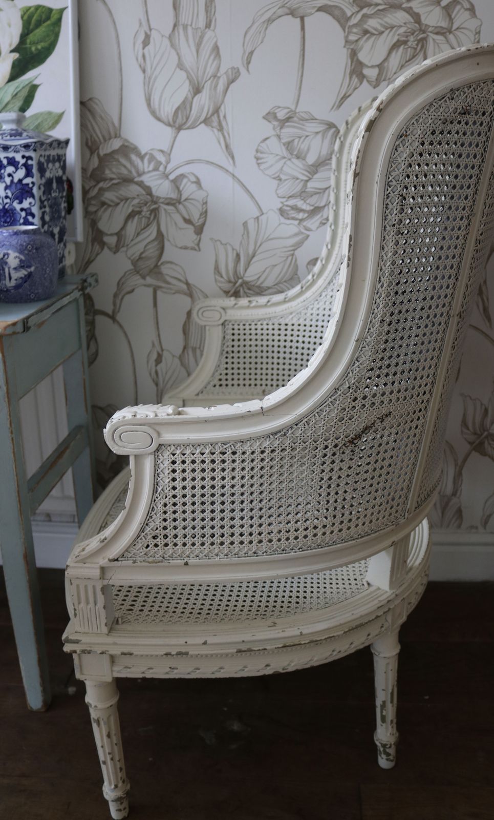 photo buy Vintage French White Rattan Bergere High Back Armchair