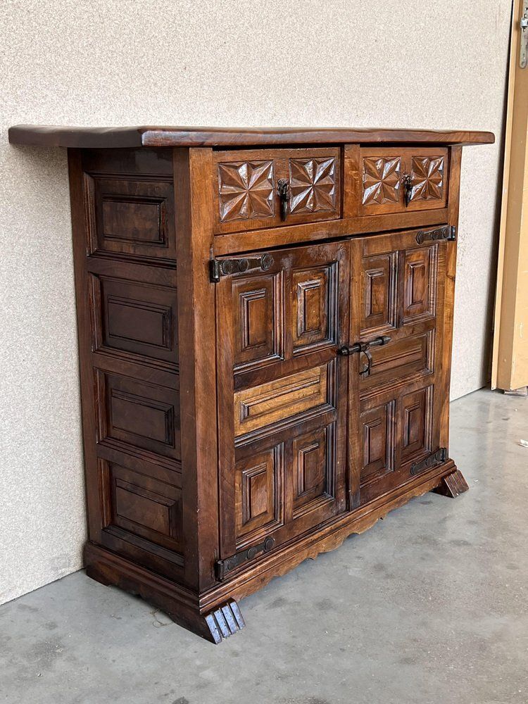 19th Spanish Baroque Carved Walnut Tuscan Two Drawer Credenza Or Buffet photo for sale