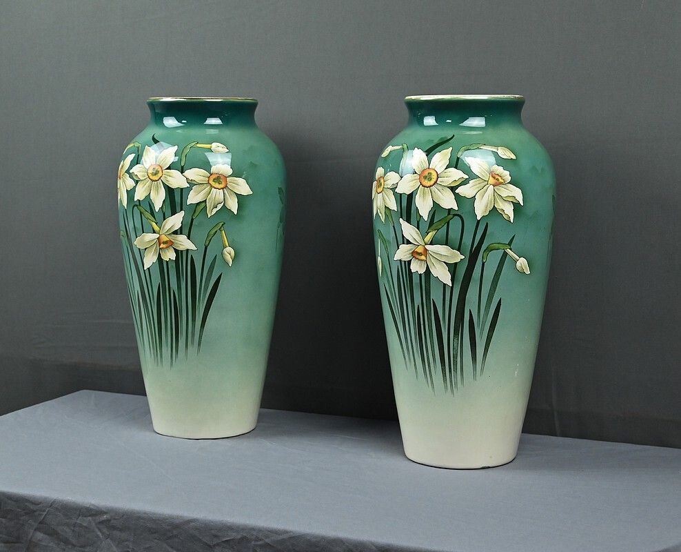 Pair Of Large Art Nouveau Vases, Fives Lille Pottery – Early 20th Century photo Home Decor