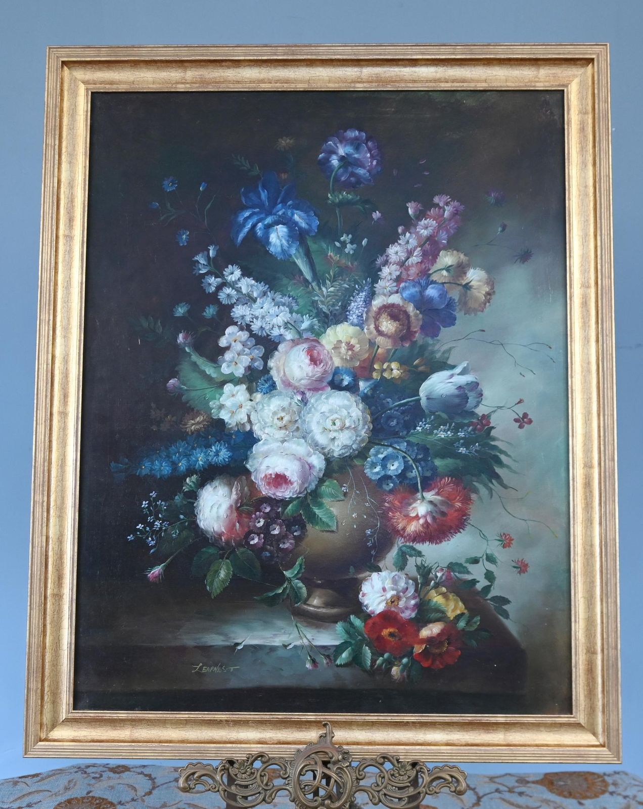 Georgian Floral Still Life Oil Painting Signed L.Ernest