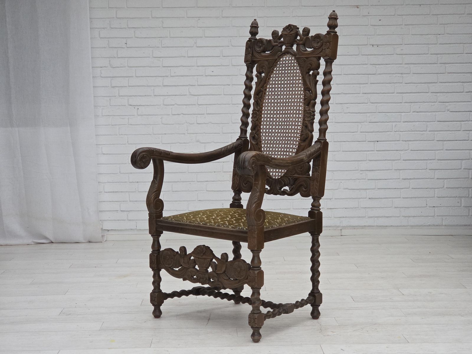 1930s, Danish Highback Armchair, Furniture Mesh, Velour, Hand Carved Oak Wood. photo for sale