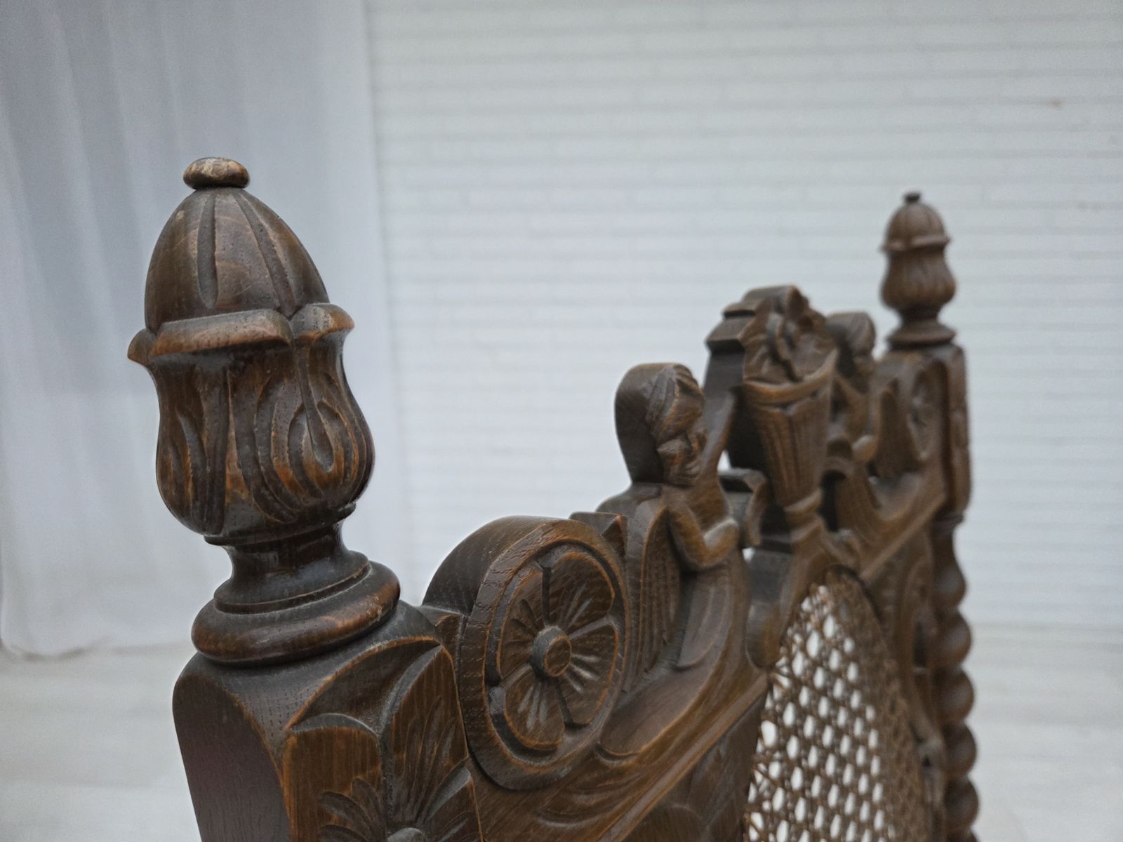 Furniture 1930s, Danish Highback Armchair, Furniture Mesh, Velour, Hand Carved Oak Wood. photo