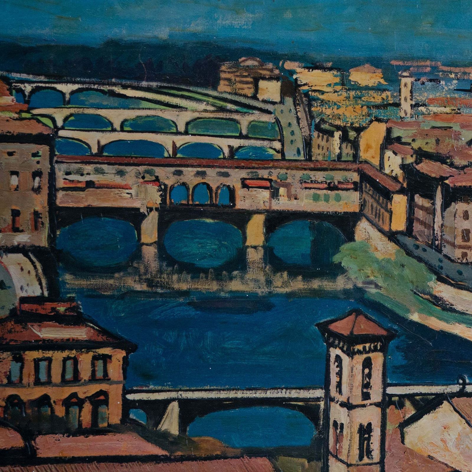 Florence Door Federico Lloveras – Grote Ingelijste Oleografie photo Kunst