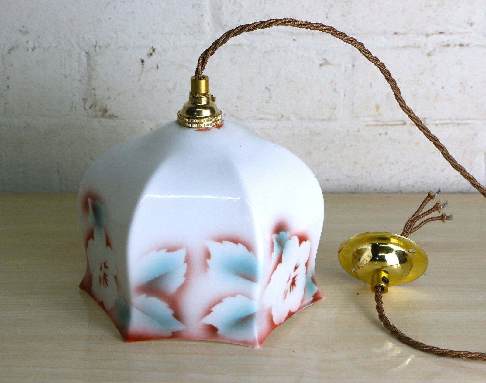 Ceiling Light Antique Milk Glass Pendant Decorated Sprayed Flower Silhouettes photo for sale