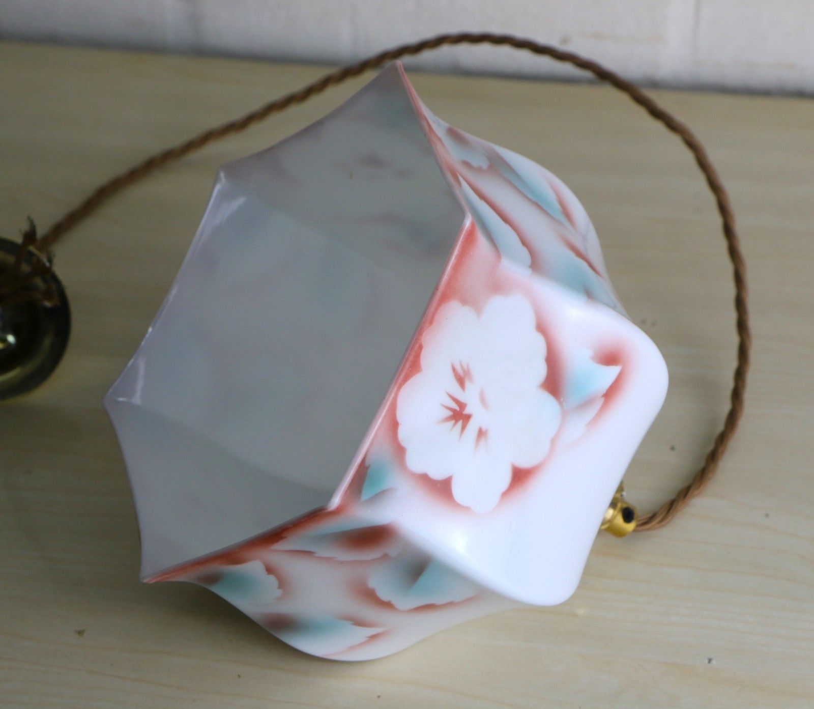 Ceiling Light Antique Milk Glass Pendant Decorated Sprayed Flower Silhouettes photo vintage